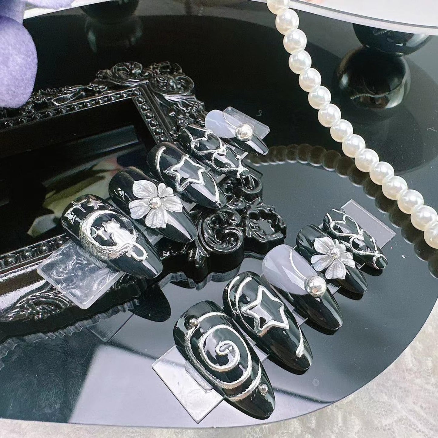 Black Chrome Press-On Nails - Medium Almond Gothic Acrylic Nails with 3D Flower & Rhinestones | 24-Pcs Nail Kit for Women