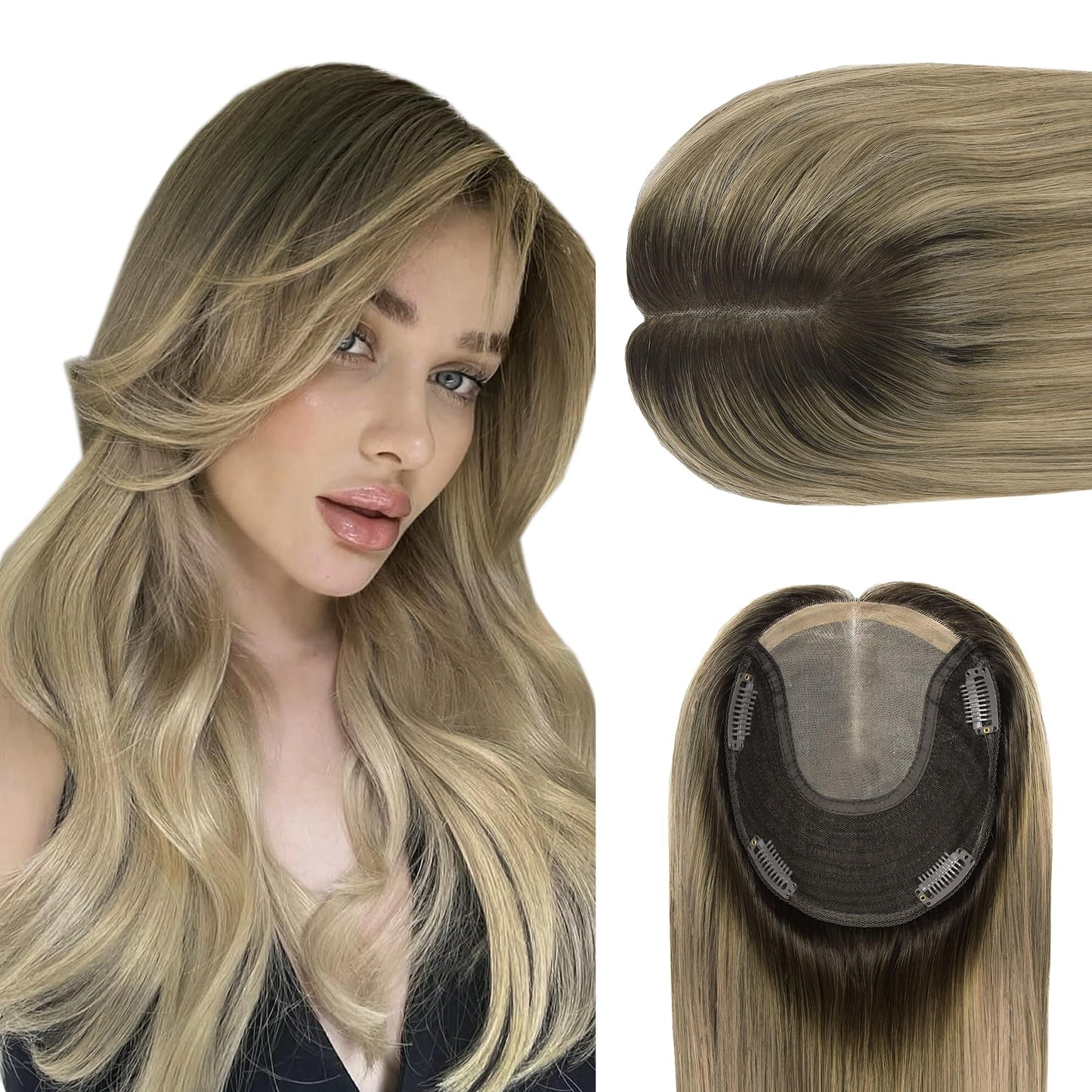 WORLDSTAR Toppers for Women Real Human Hair, Hair Topper with No Bangs, 360° 3D Cover,14Inch,6 * 7 Inch Base,65g,#2/6/18 Dark Brown to Chestnut Brown and Dirty Blonde, Clip in Topper (tp#2/6/18-14)
