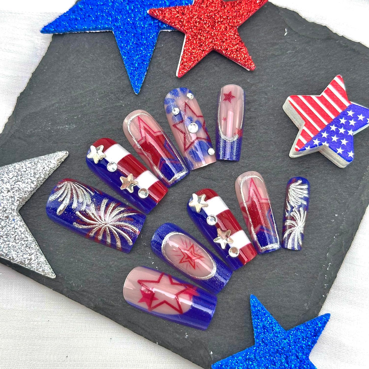 24 PCS 4th of July Press-On Nails | Medium Square Blue French Tip with Red Star Designs for Independence Day