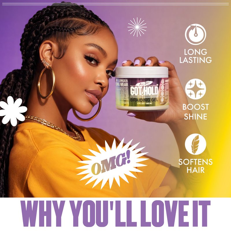 ALL DAY GOT HOLD Braiding Gel for Braids, Twists & Protective Styles (Extra Shine) – Strong Hold with Manuka Honey & Argan Oil – Non-Flaking Styling Gel for Natural Hair – 10 Fl Oz