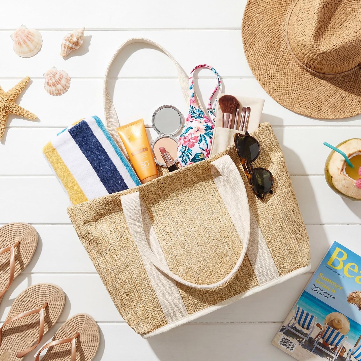 Paterr 6 Pcs Mini Beach Straw Bags for Bachelorette Favors Burlap Tote Bag with Handle for Bridesmaid Bridal Shower Gifts (S,White)