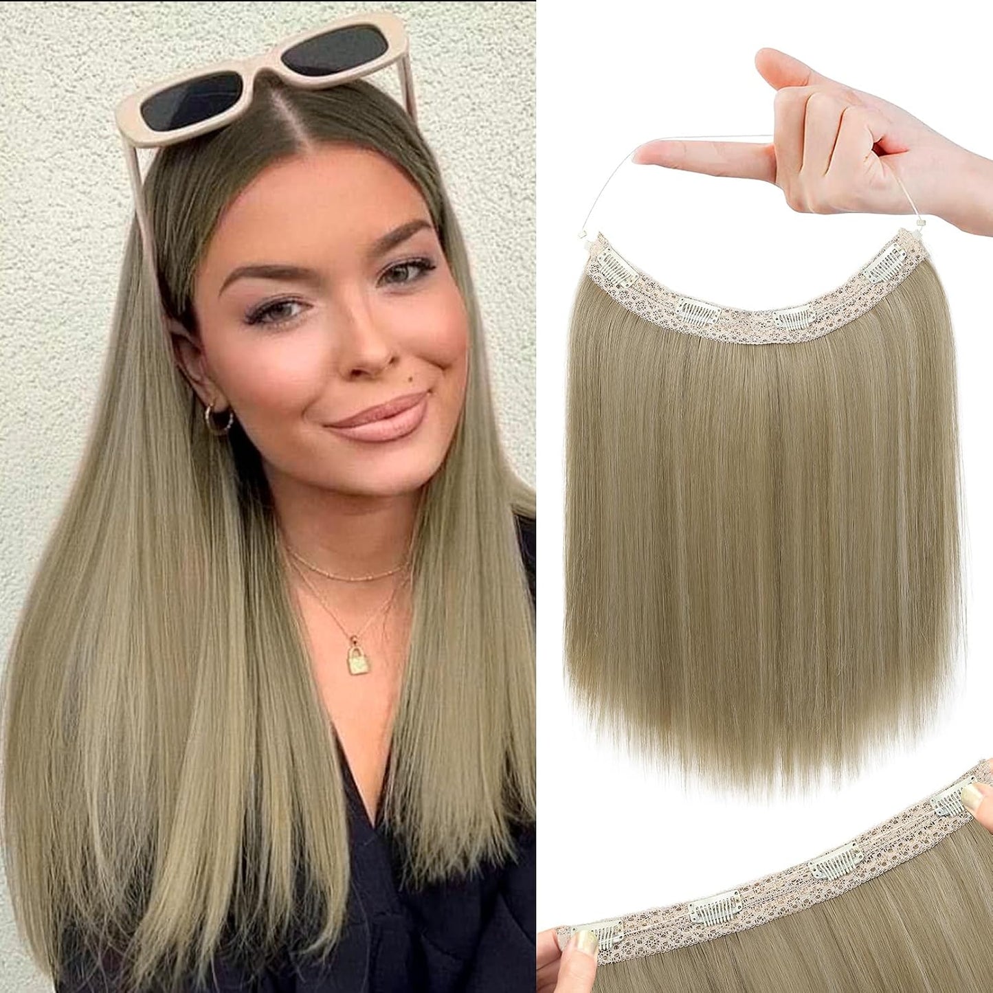 REECHO Invisible Wire Hair Extensions - Thinner Lace Weft, 12-Inch Short Straight Clips | Light Blonde
