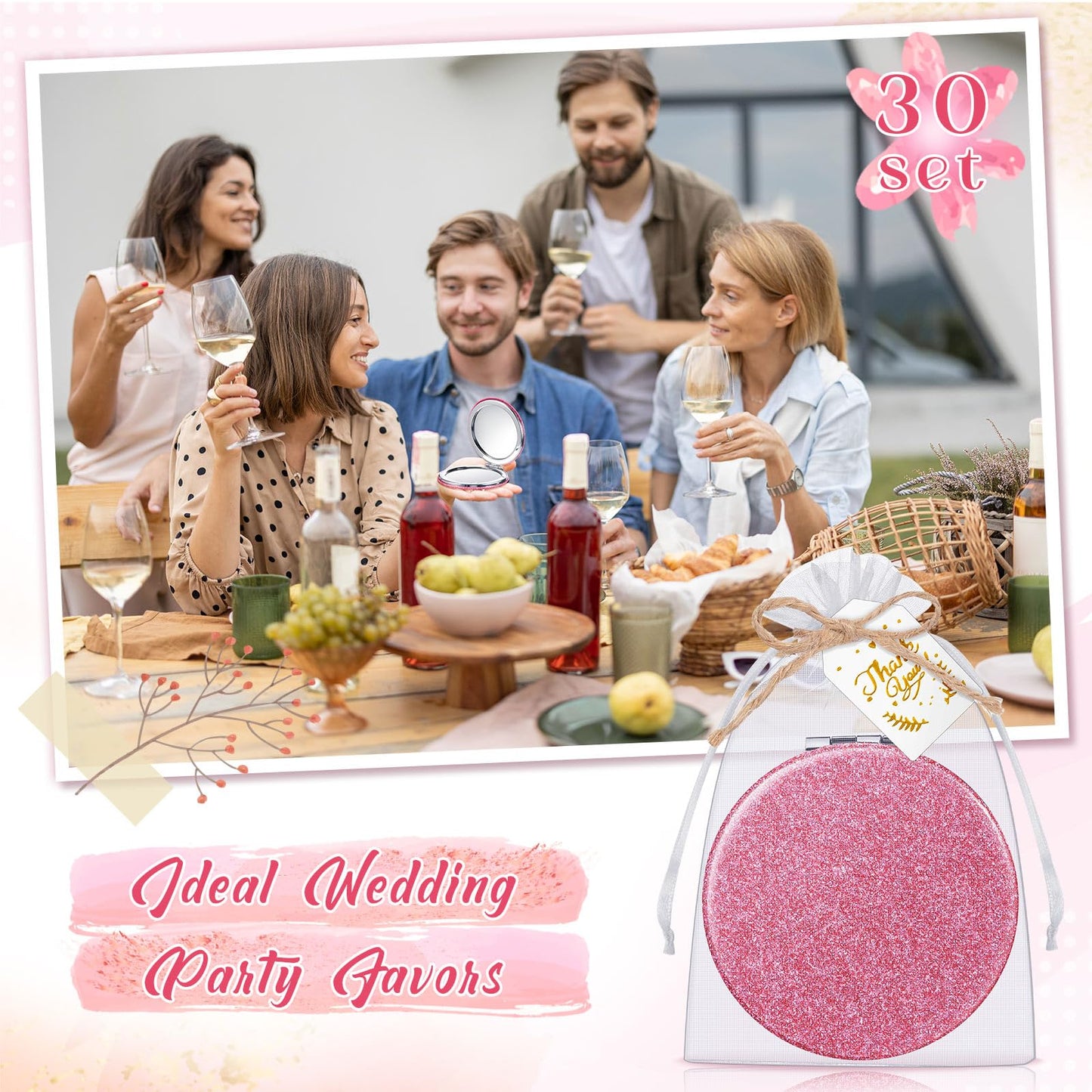 Chunful 30 Set Compact Mirrors Gifts with Thank You Card Quinceanera Party Favors for Guests Women Bridal Shower Wedding Bridesmaids Bachelorette (Pink)