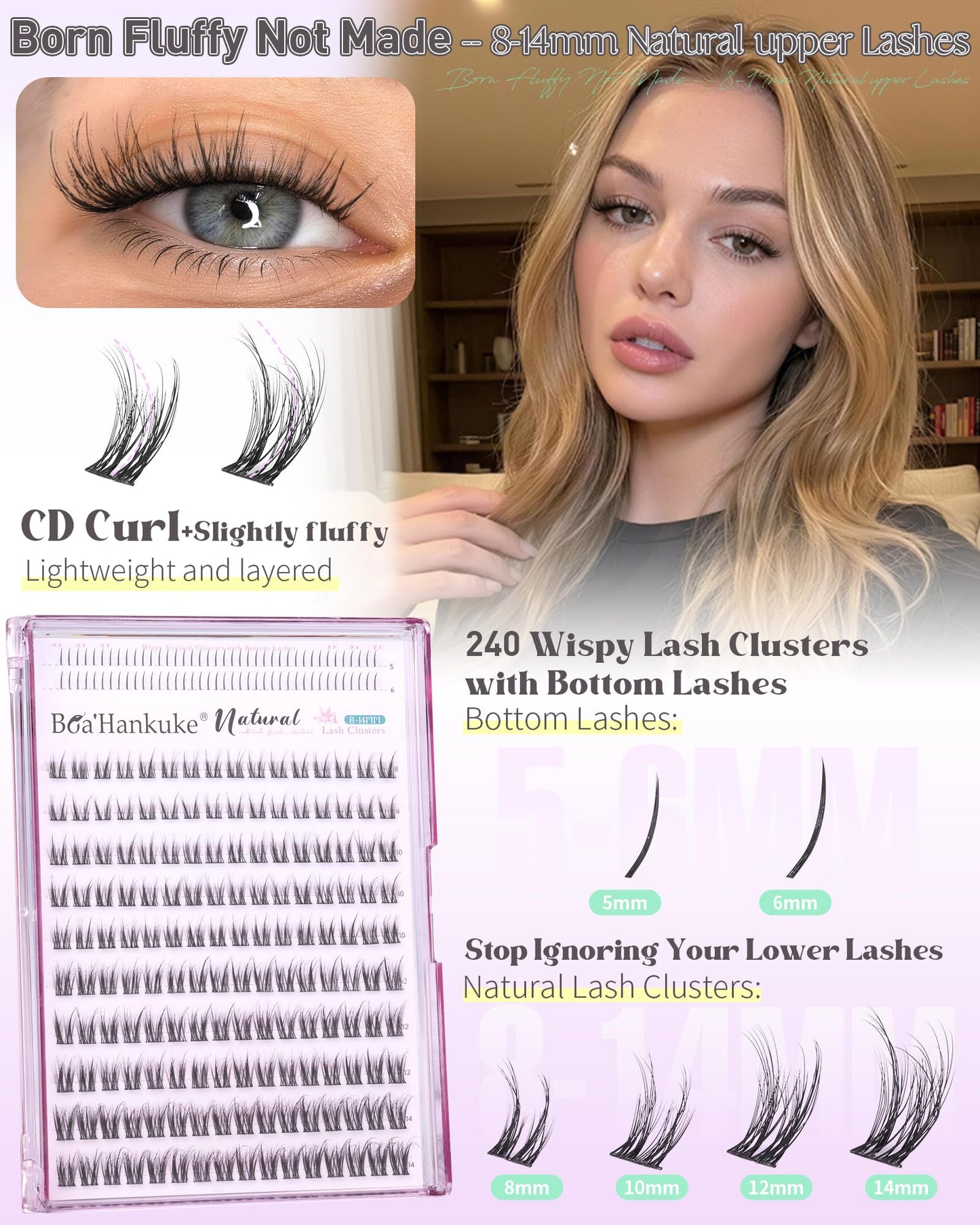 Natural Short Lash Clusters with Bottom Lash Clusters 8-14MM Wispy Eyelash Clusters C Curl Cluster Eyelash Extensions DIY Cluster Lashes for Clean Girl Daily Wear Individual Lashes with Thin Lash Band