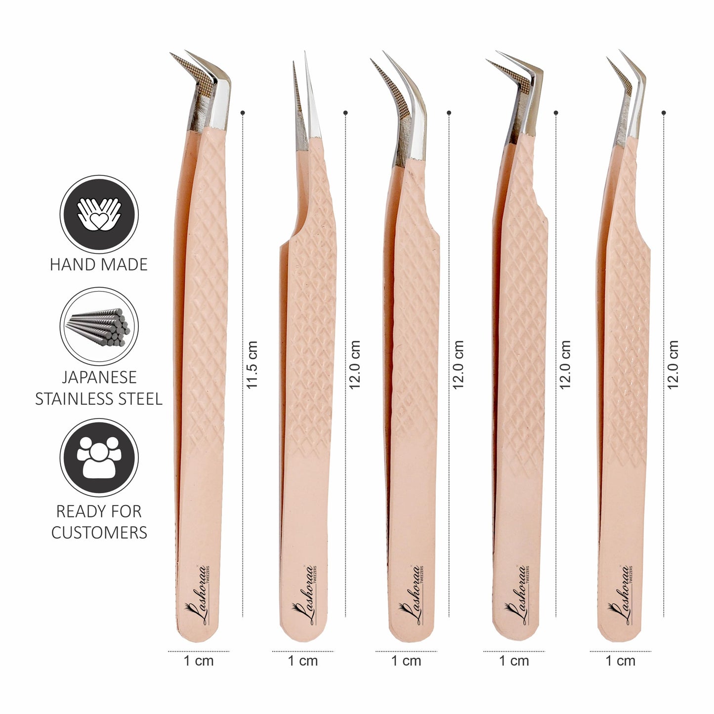 LASHORAA Professional 5pc Lash Extension Tweezers Pack - Fiber Tip Diamond Grip Japanese Steel, Precision Angled Tips - Perfect for Volume & Mega Volume Lashes with Leather Pouch (Peach)