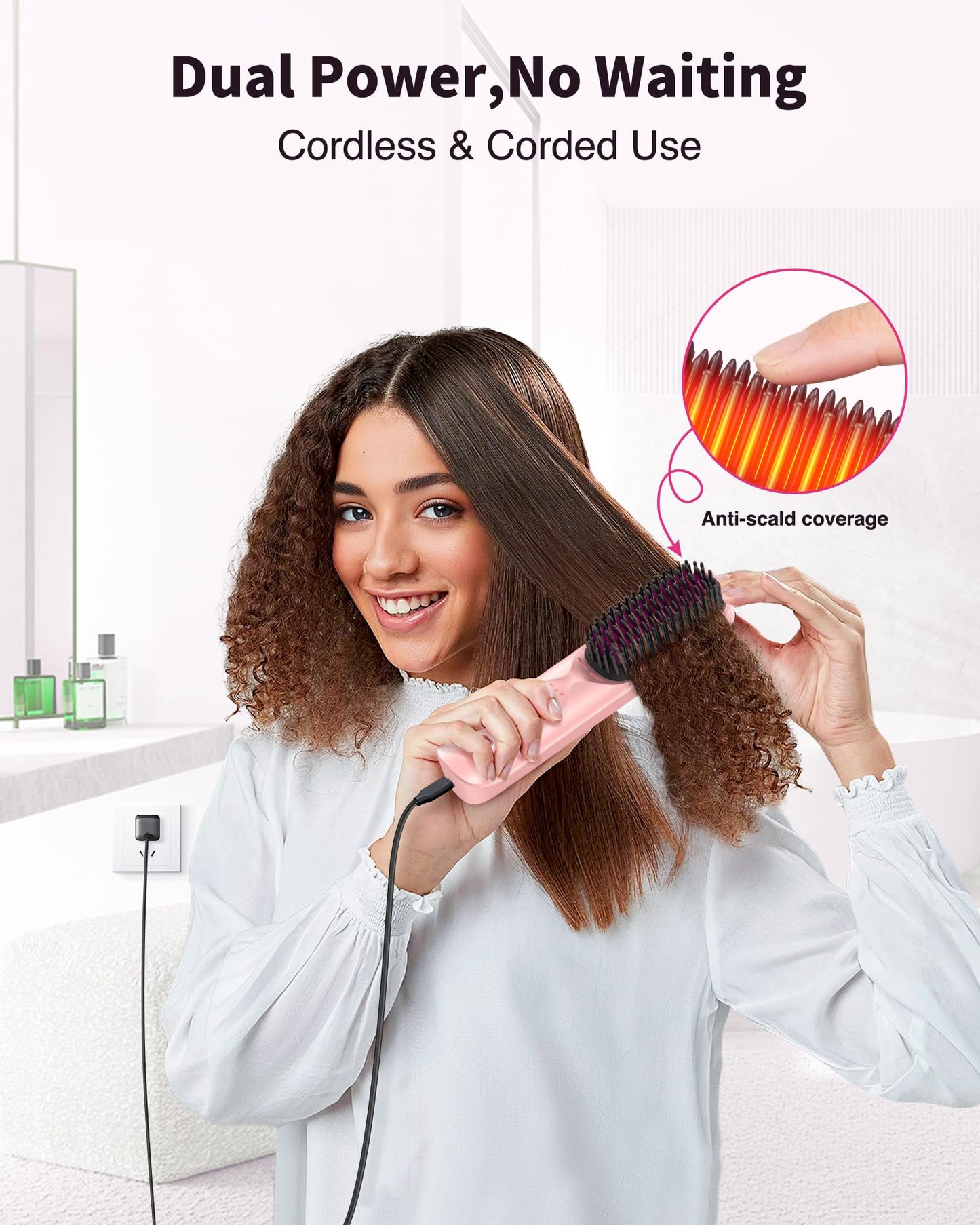 Cordless Hair Straightener Brush - Portable Hair Straightening Brush for Travel - 300M Negative Ions for Frizz-Free Shine, Touch Up On-The-Go, Fast Heating, Gift for Women, 10,000mAh