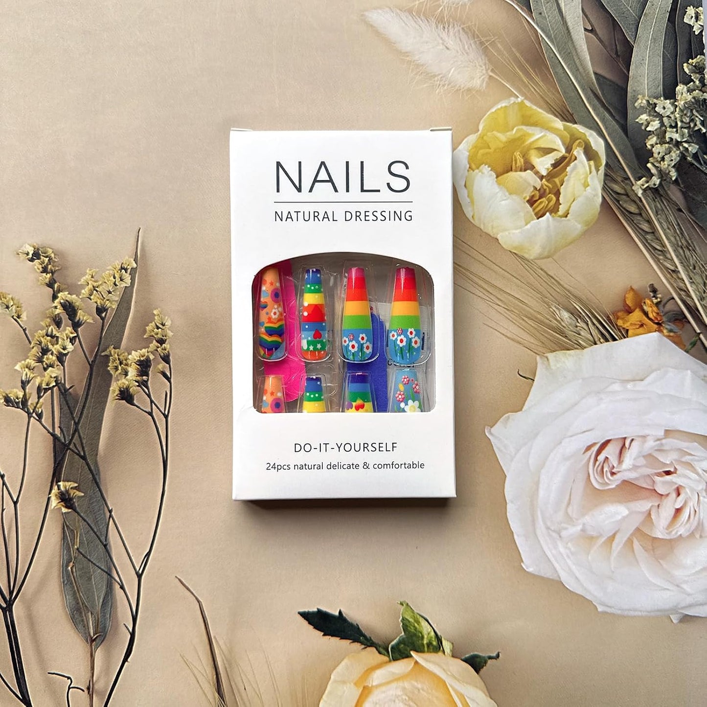 Colorful Press On Nails - Long Coffin Fake Nails with Rainbow Heart & Flower Design | Reusable Glossy Acrylic Nails for Women
