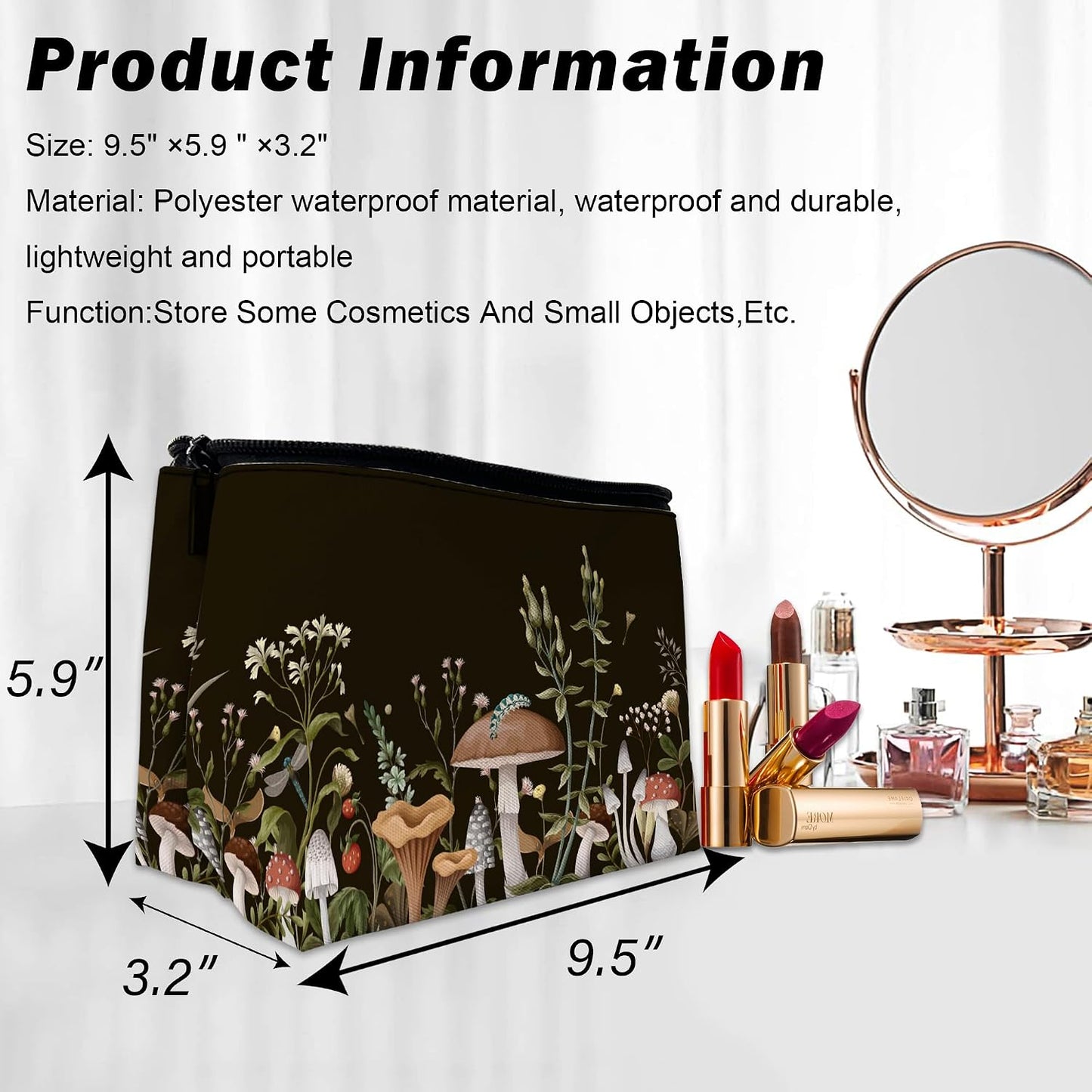 Cosmetic Bag - Mushroom Print Makeup Organizer for Women | Water-Resistant Travel Pouch 9.5x5.9 Inch