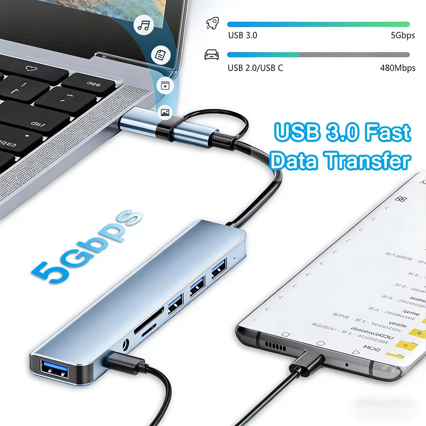USB C Hub 3.0 Multiport Adapter with SD Card Reader Audio Jack 8 in 1 USB Extender Adapter for USB-C Laptops PC Tablet, 8in1