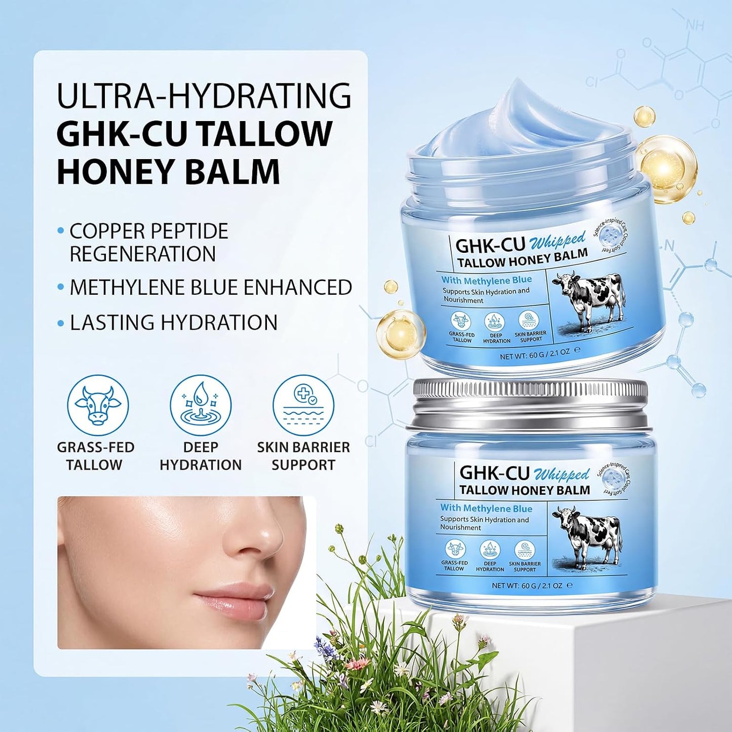 Copper Peptides GHK-Cu Cream - 2.1oz | Antioxidant Face & Body Balm for Mature, Dry Skin | Infused with Manuka Honey & Beef Tallow