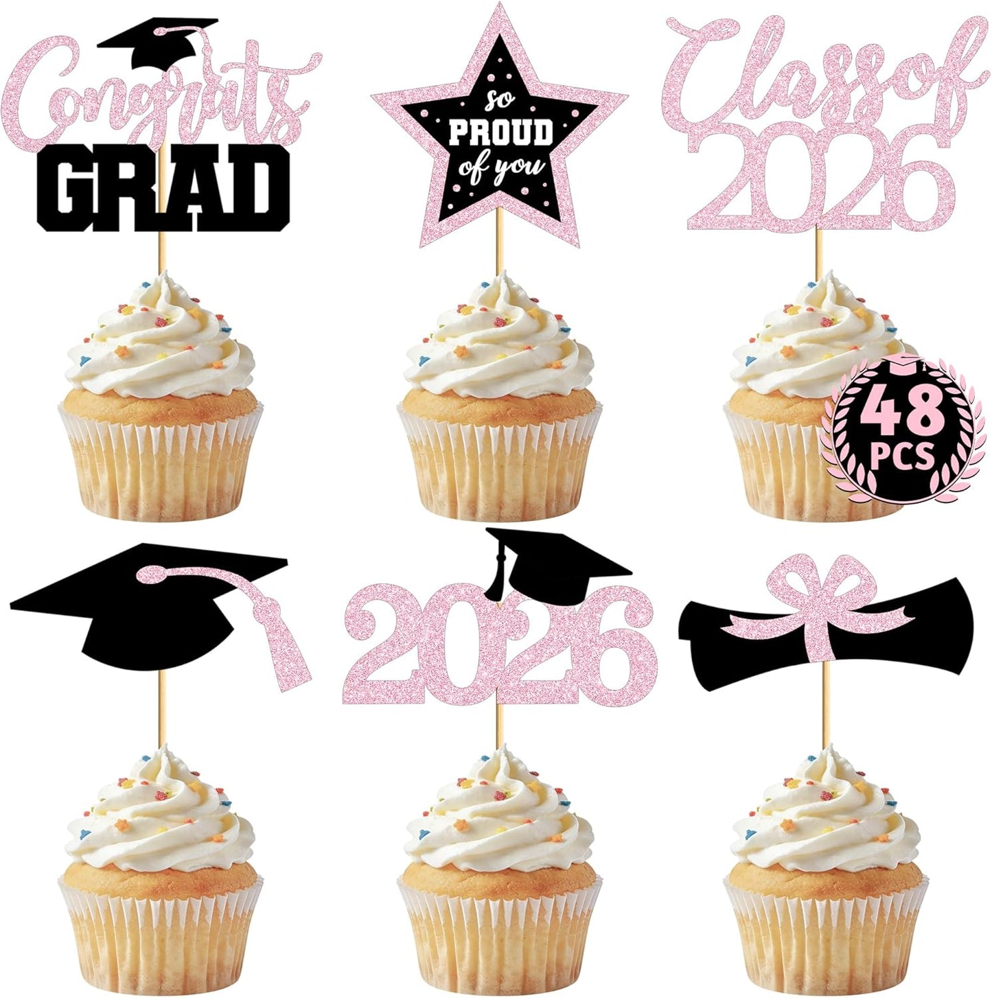 Graduation Cupcake Toppers - 48 PCS Black & Gold Congrats Grad Decorations | Glittery Cap & Diploma Picks for 2026 Party