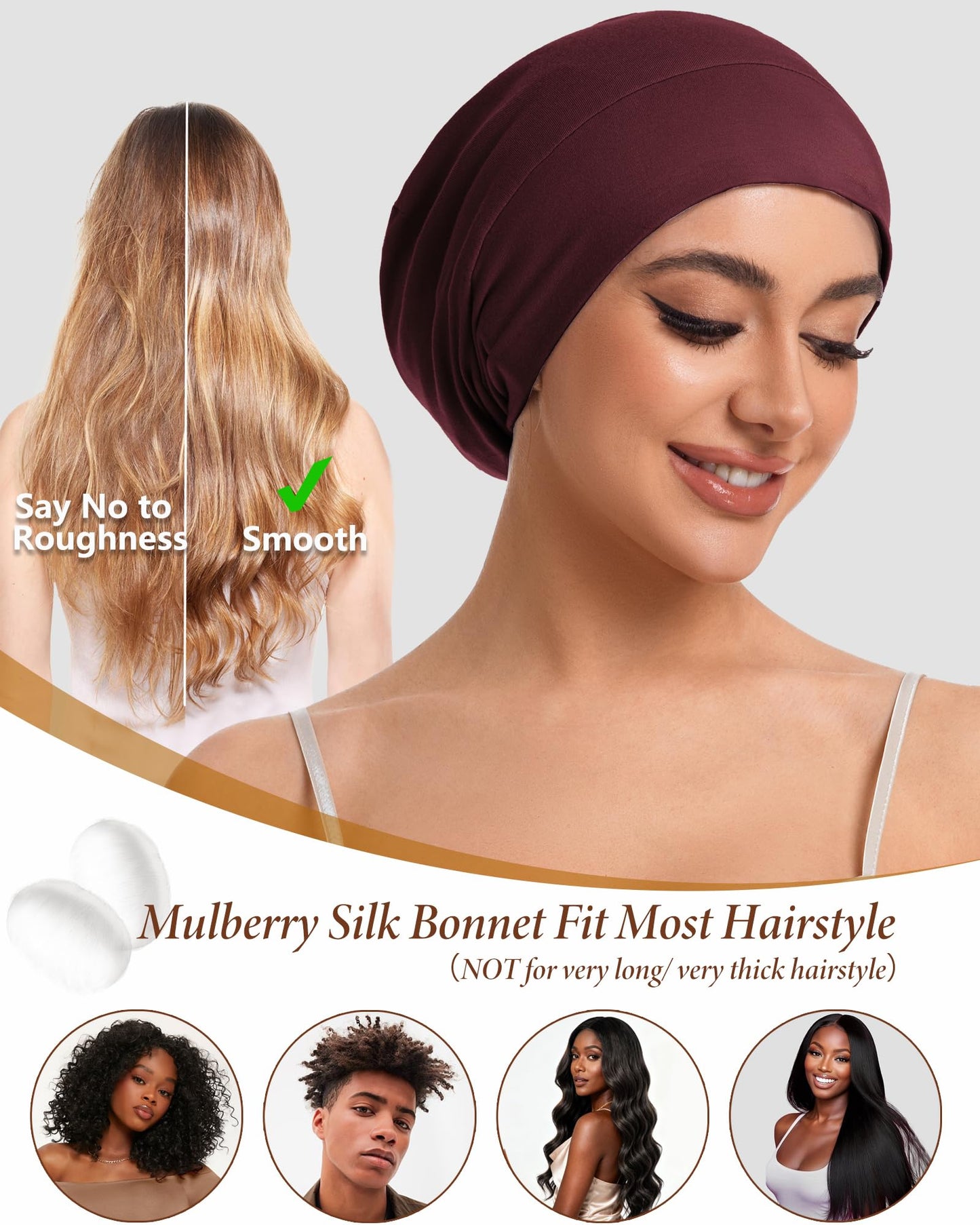 100% Mulberry Silk Lined Bonnet for Sleeping Women Men, Bonnets for Curly Hair,Braid Sleep Cap Black Womens,Not Satin