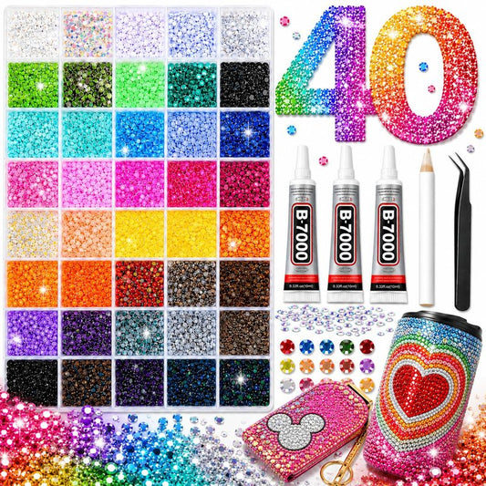 40000Pcs 40 Colors Jelly Resin Kit, Bedazzling Kit, Bedazzler Kit with Rhinestones, 3mm Flatback Gems with B7000 Glue & Tools for Crafts, Nails, Shoes