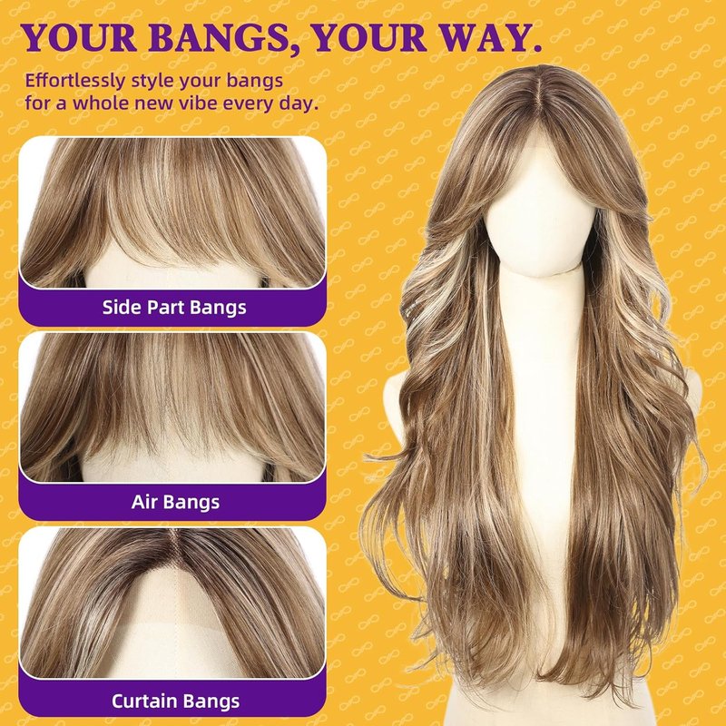 Ash Brown Highlight Synthetic Lace Front Wig - T Part Glueless Layered Wavy Style with Bangs | 26 Inch Heat Resistant for Daily & Party Use