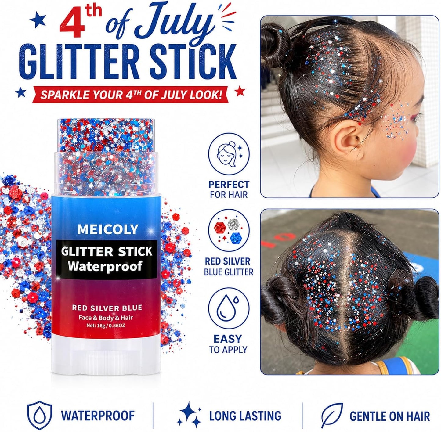 4th of July Hair Glitter Stick - Red, White & Blue Face Glitter for Patriotic Makeup | Independence Day Accessories