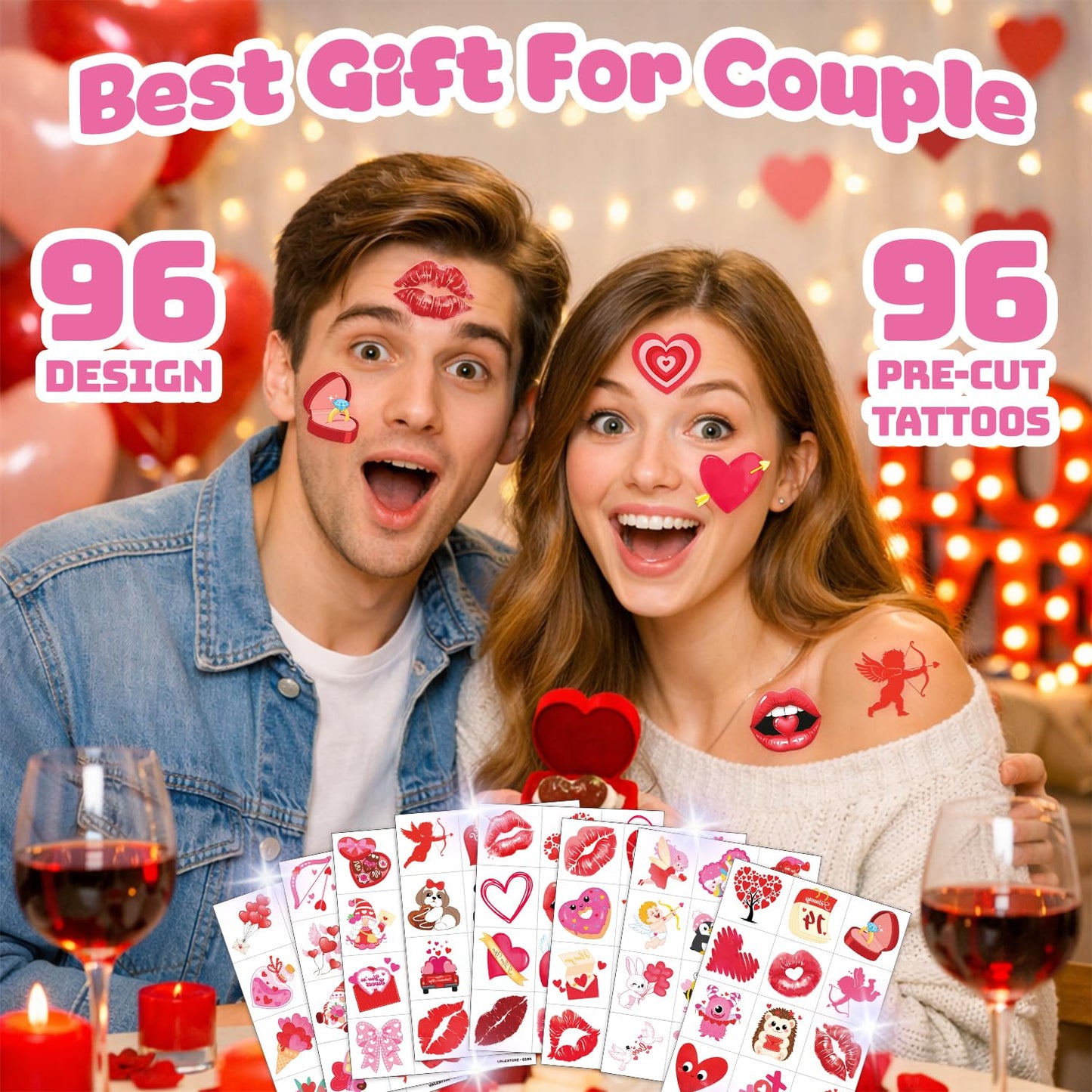 96PCS Valentine’s Day Love Heart Pre-Cut Temporary Tattoos for Kids