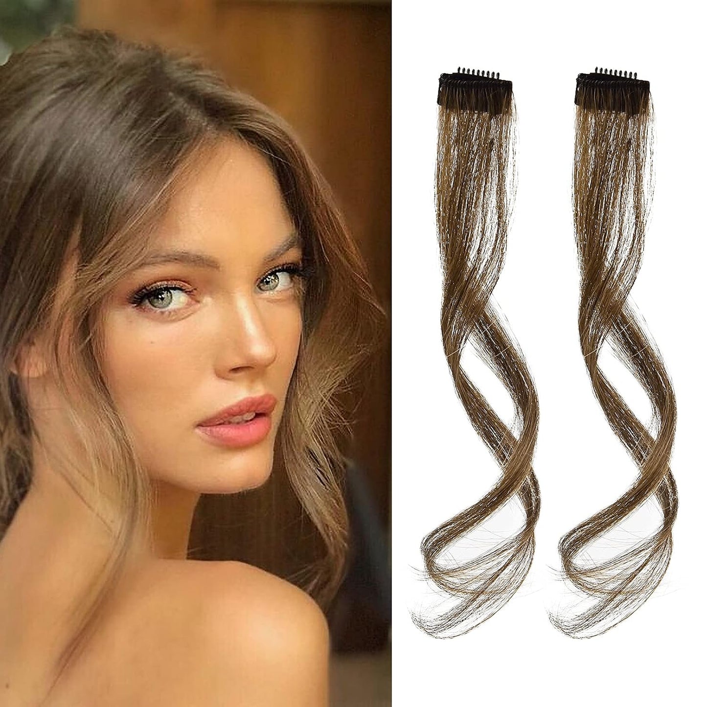 Long Side Air Bangs - Wavy Curly Clip-In Curtain Bangs for Women | 12 Inch Face-Framing Highlights in Grey/Brown/Silver/White
