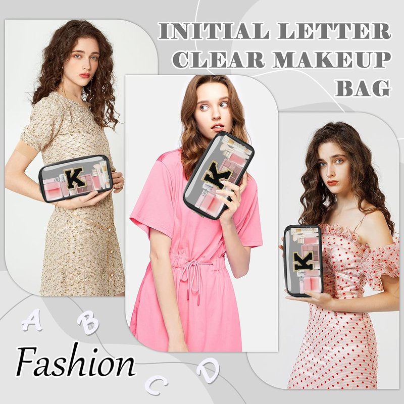 Personalized Initial Letter Clear Makeup Bag - Preppy Nylon & PVC Cosmetic Zipper Bag | Travel Toiletry Organizer for Teens & Women, Monogrammed Gift