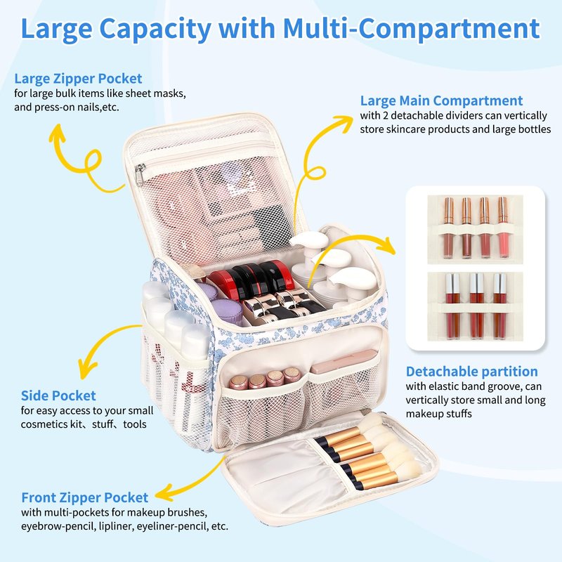 CUBETASTIC Travel Makeup Bag, Floral Make Up Bag with Brush Compartment, Vertical Storage Toiletry Bag with Partitions, Large Make Up Pouch for Women, Portable Makeup Case with Multi-Pockets