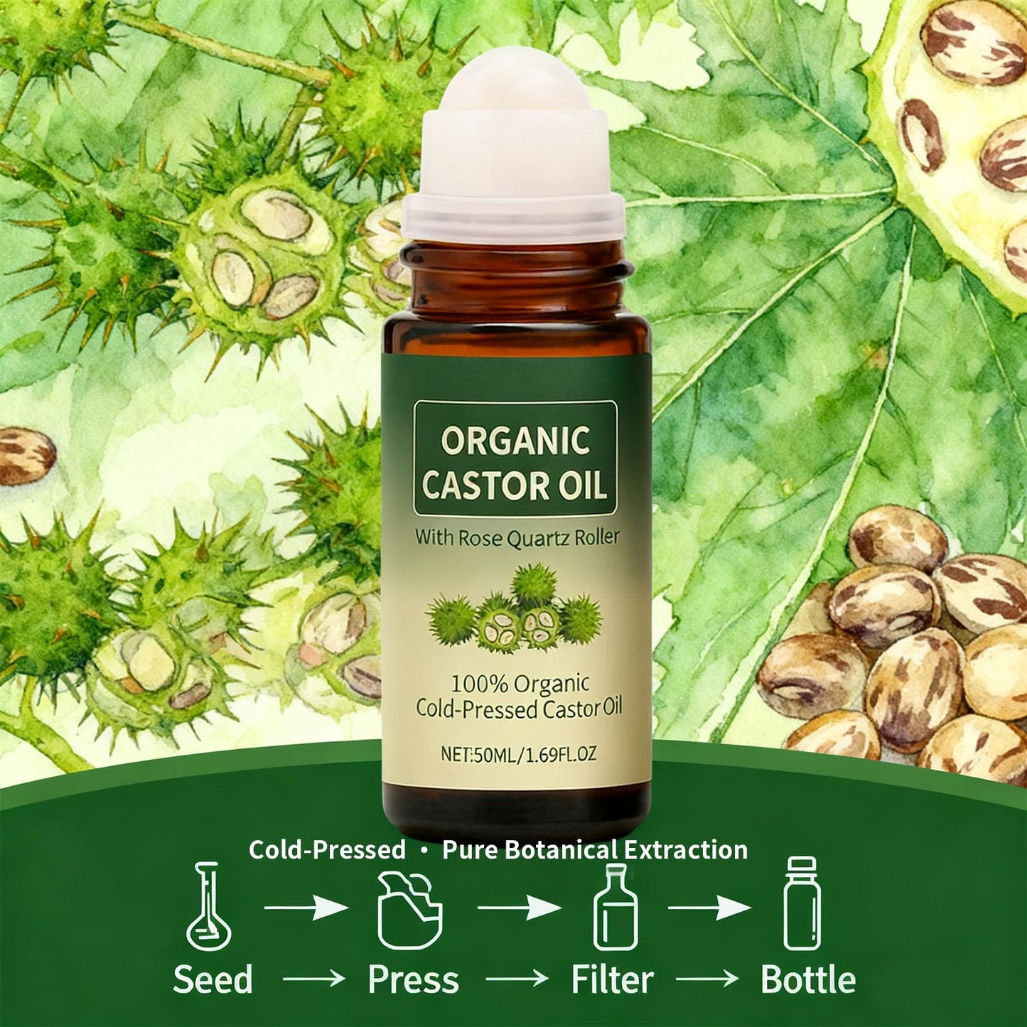 Maidlure Organic Castor Oil Roll-on with Rose Quartz, 100% Cold-Pressed Organic Castor Oil Glass Bottles Roller for Skin, Brows & Lashes 1.7oz