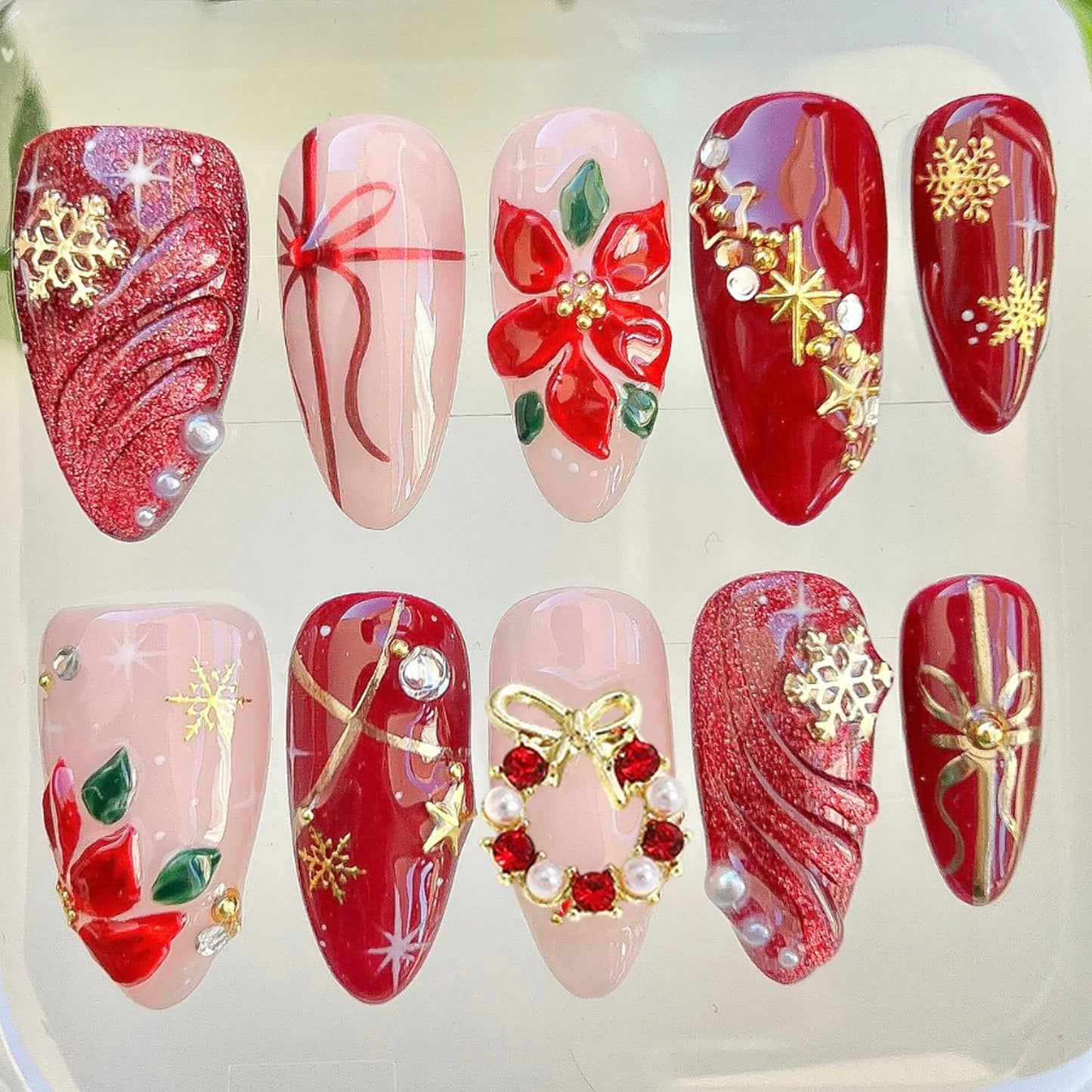 French Tip Press-On Nails - 24 Pcs Medium Almond with 3D Flower & Gold Rhinestones | Full Cover Nude Artificial Nails