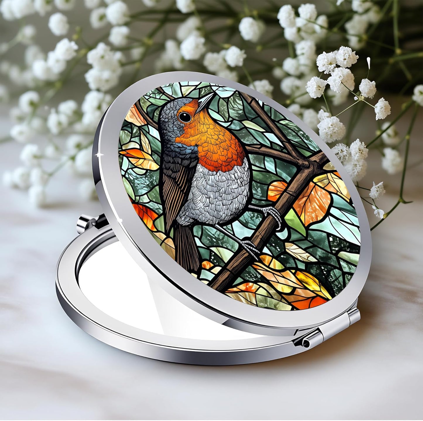Silver Compact Mirror - Double-Sided Folding Makeup Mirror with Victorian Lady Design | 2.8x2.8 Inch