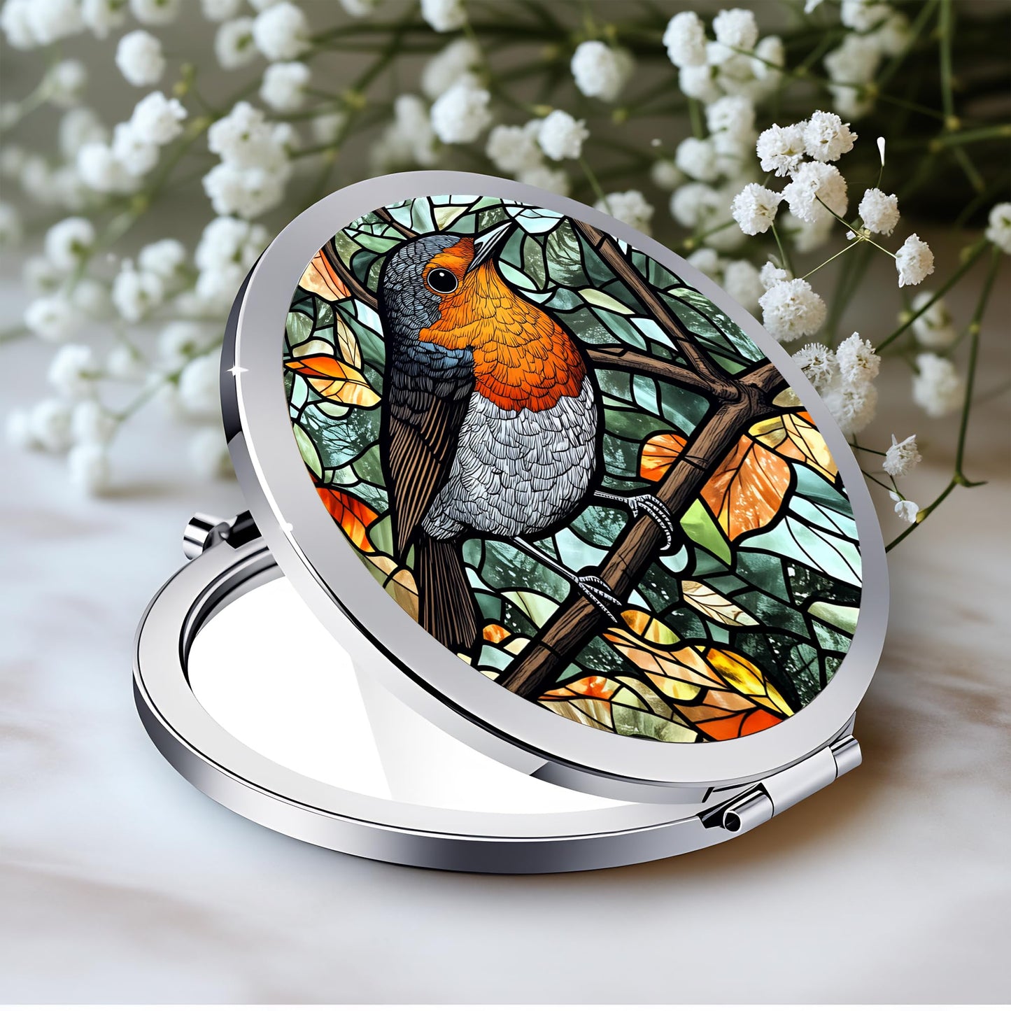 Silver Compact Mirror, 2.8x2.8inch Double-Sided Folding Makeup Mirror with Robin Bird Stained Design, Ideal Gift for Women