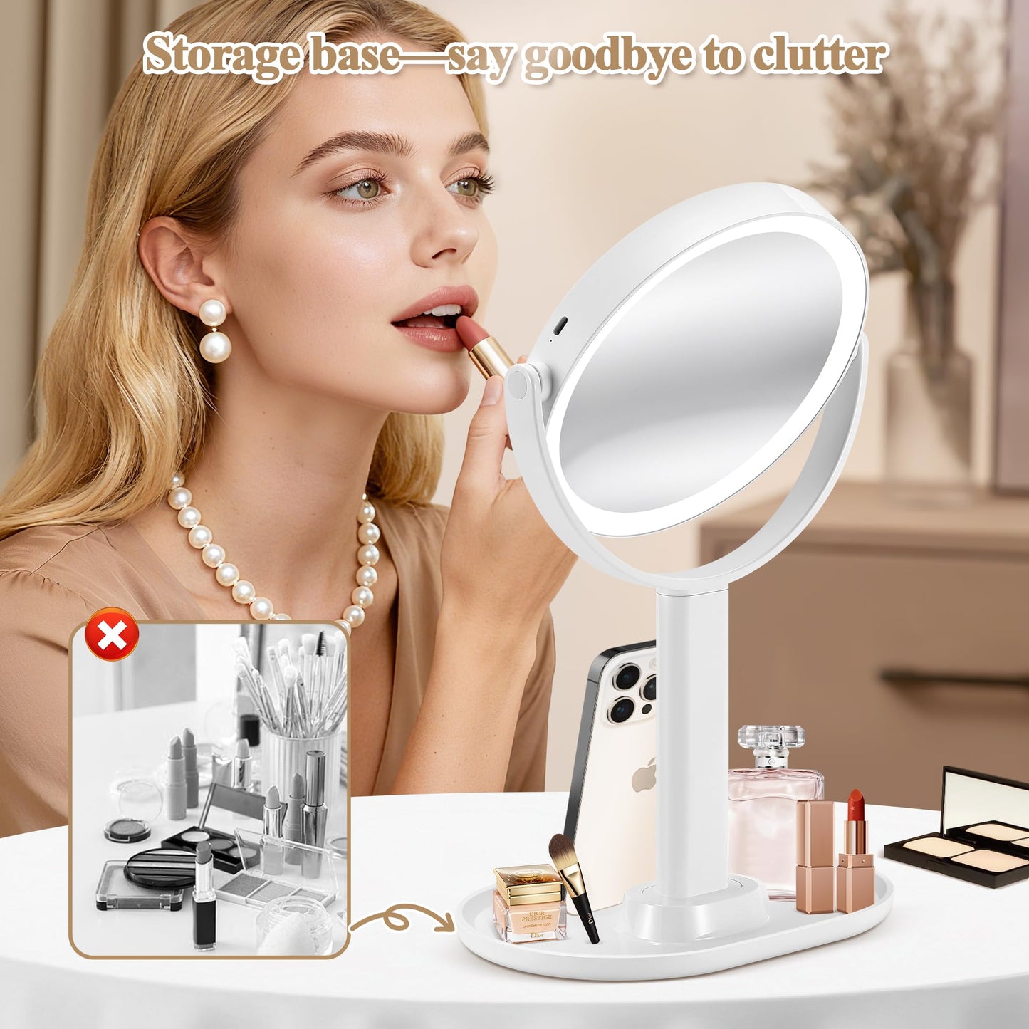 MOMOKUBA Makeup Mirror with Lights, Double Sided 1x/20x Magnifying Mirror with Light, Rechargeable 3 Color Lights and Adjustable Brightness, 360° Rotation Detachable Comes with Tweezer(White)