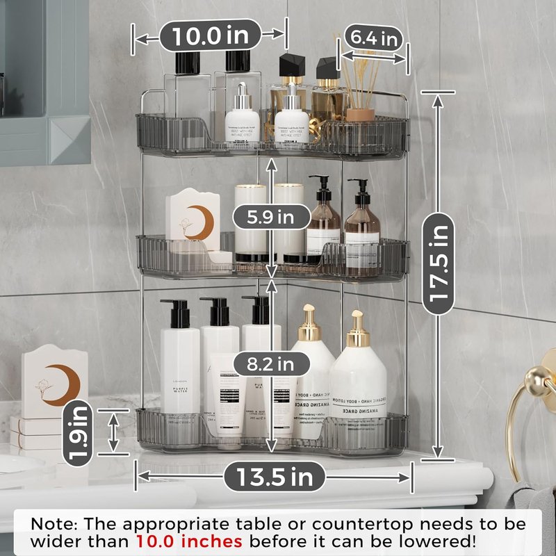 Corner Bathroom Counter Organizer - 3-Tier Makeup & Skincare Tray | Smoky Gray