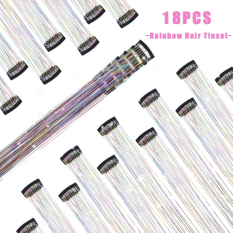 Hair Tinsel Extensions - 18 Pcs 20.5 Inch Glitter Clips | Shiny Rainbow Fairy Hair Accessories for Kids & Women
