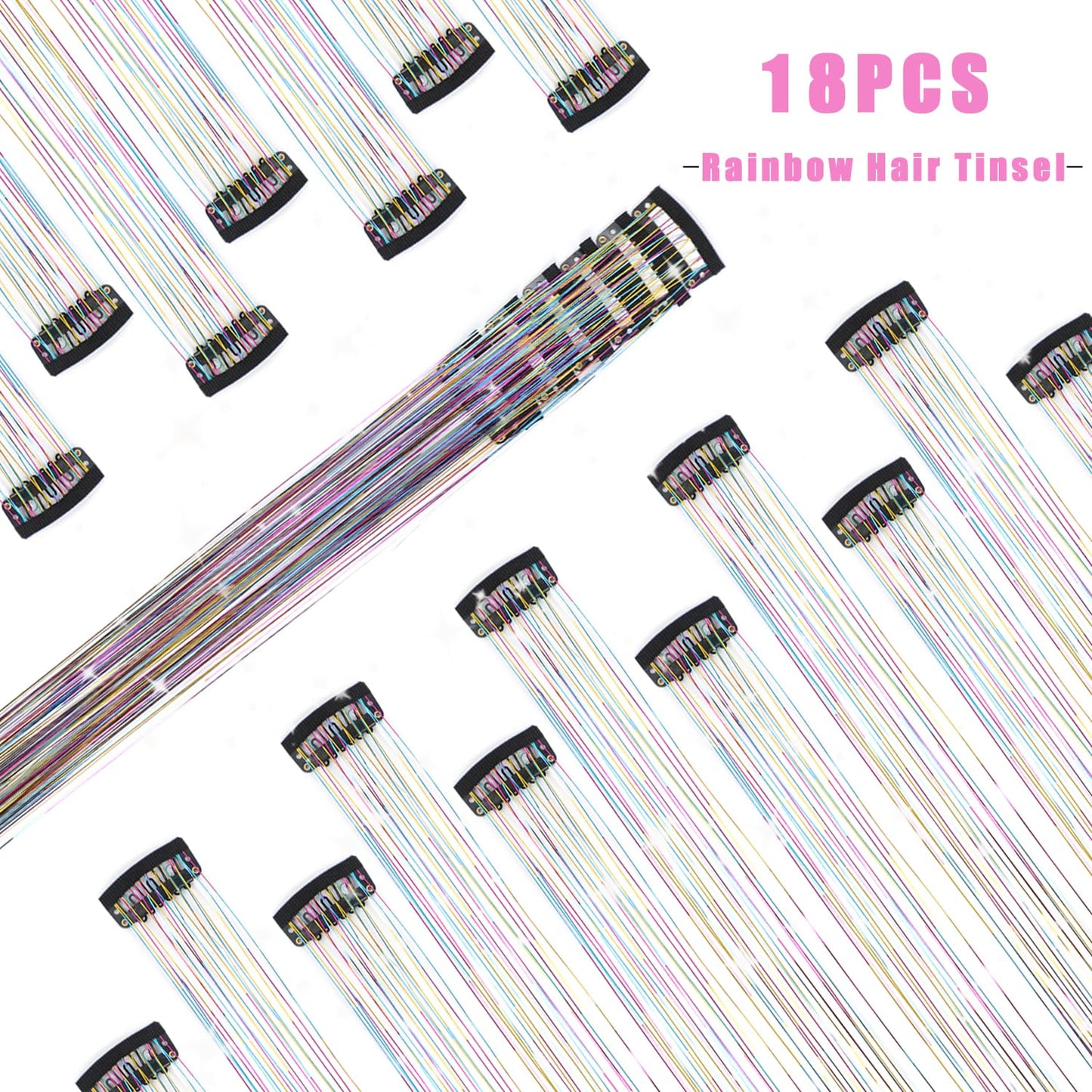 Nielp 18 Pcs Hair Tinsel Clip in, 20.5 Inch Glitter Tinsel Hair Extensions, Shiny Sparkling Fairy Hair Tinsel Clips, Dazzling Party Rainbow Hair Accessories for Girls Women Kids (Rainbow)