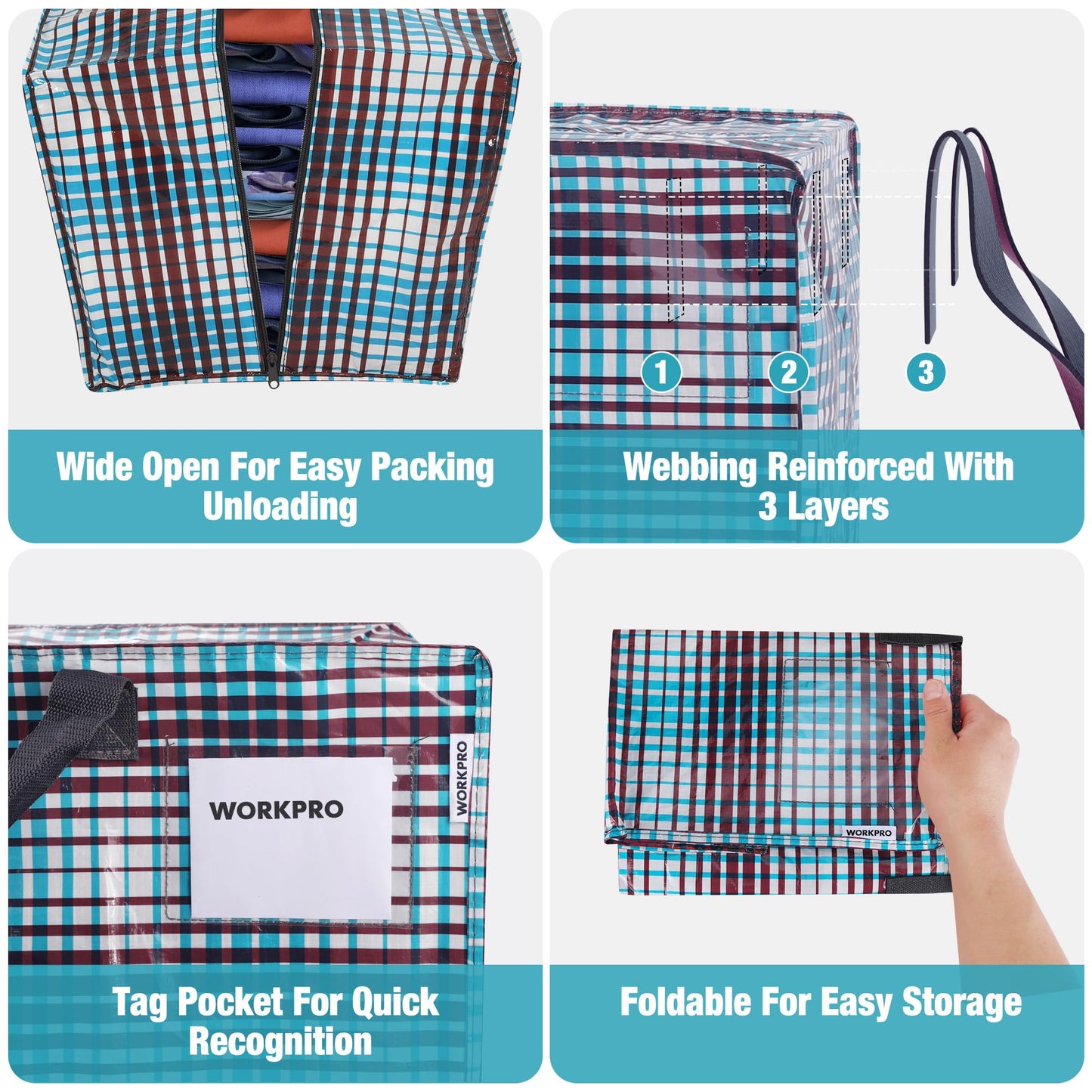 WORKPRO 6 Pack Extra Large Moving Bags with Zippers & Carrying Handles Backpack Straps, Heavy-Duty Storage Tote for Space Saving & Storage, Alternative to Moving Box (Lattice Printing)