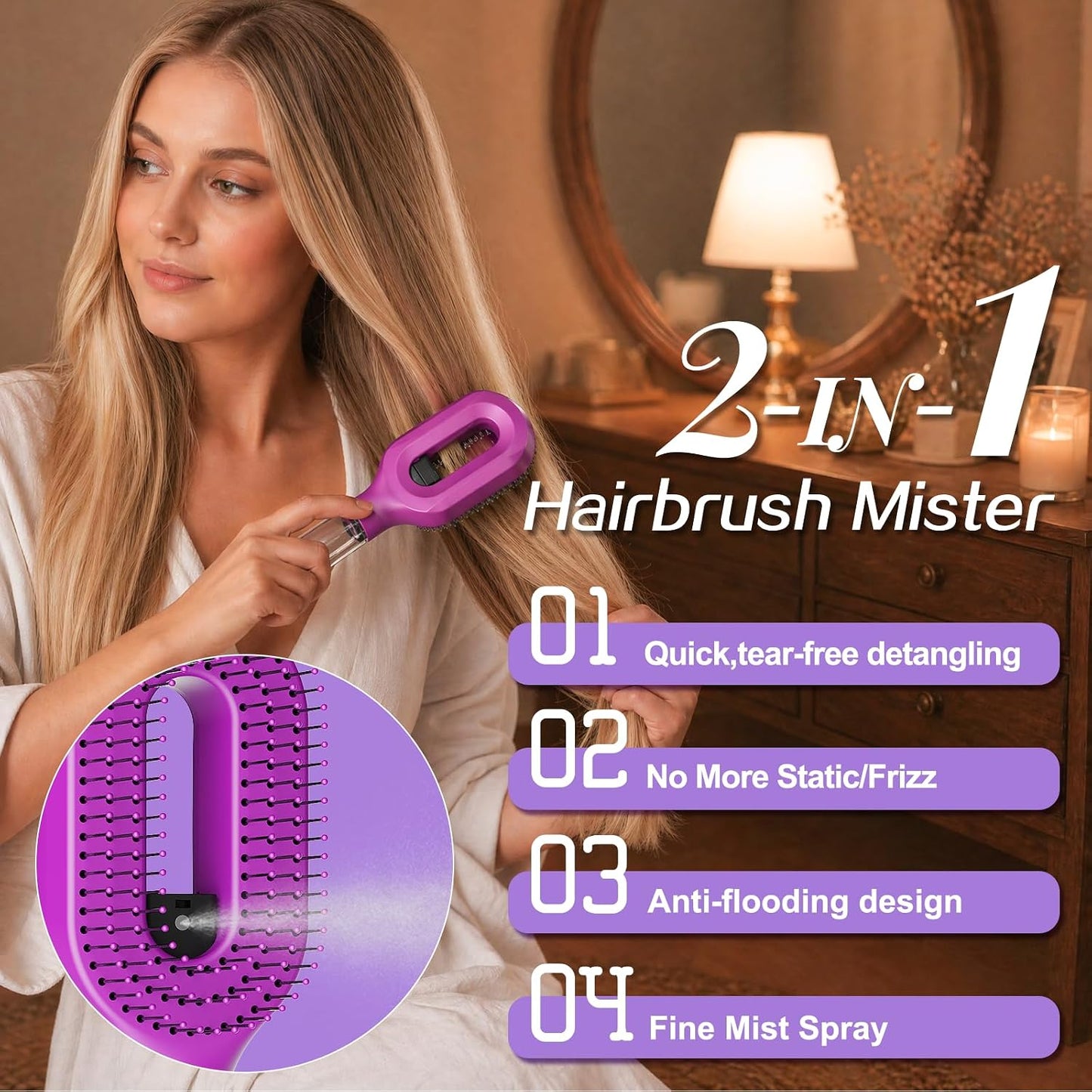 Detangling Hair Brush with Water Spray - 2-in-1 Anti-Static Tool for Curly Hair | Reduces Breakage & Frizz, Purple