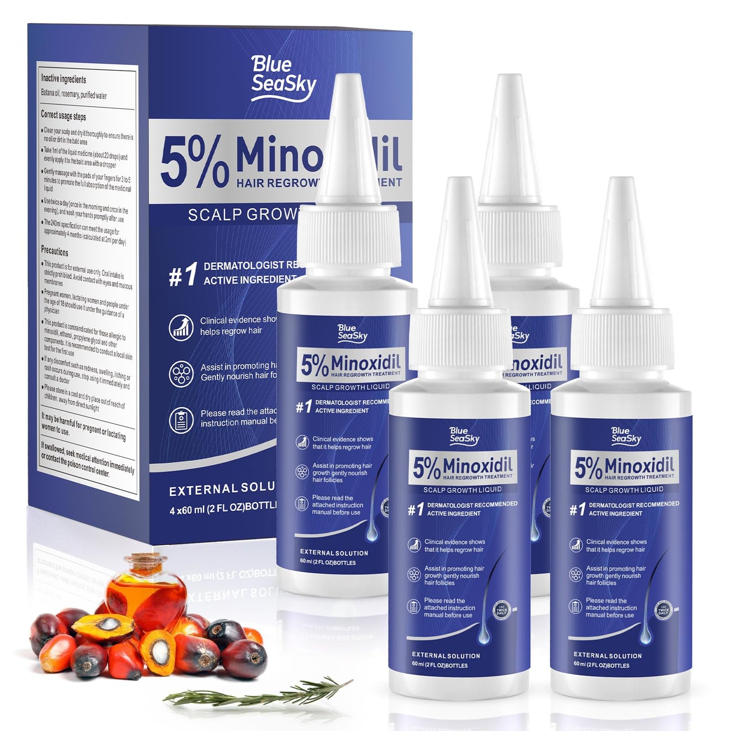 5% Minoxidil Hair Regrowth Serum for Women & Men, Rosemary Oil Biotin Batana Oil Topical Treatment Thinning Hair Loss Receding Hairline Non-Greasy Unscented 4-Pack 6 Month Supply