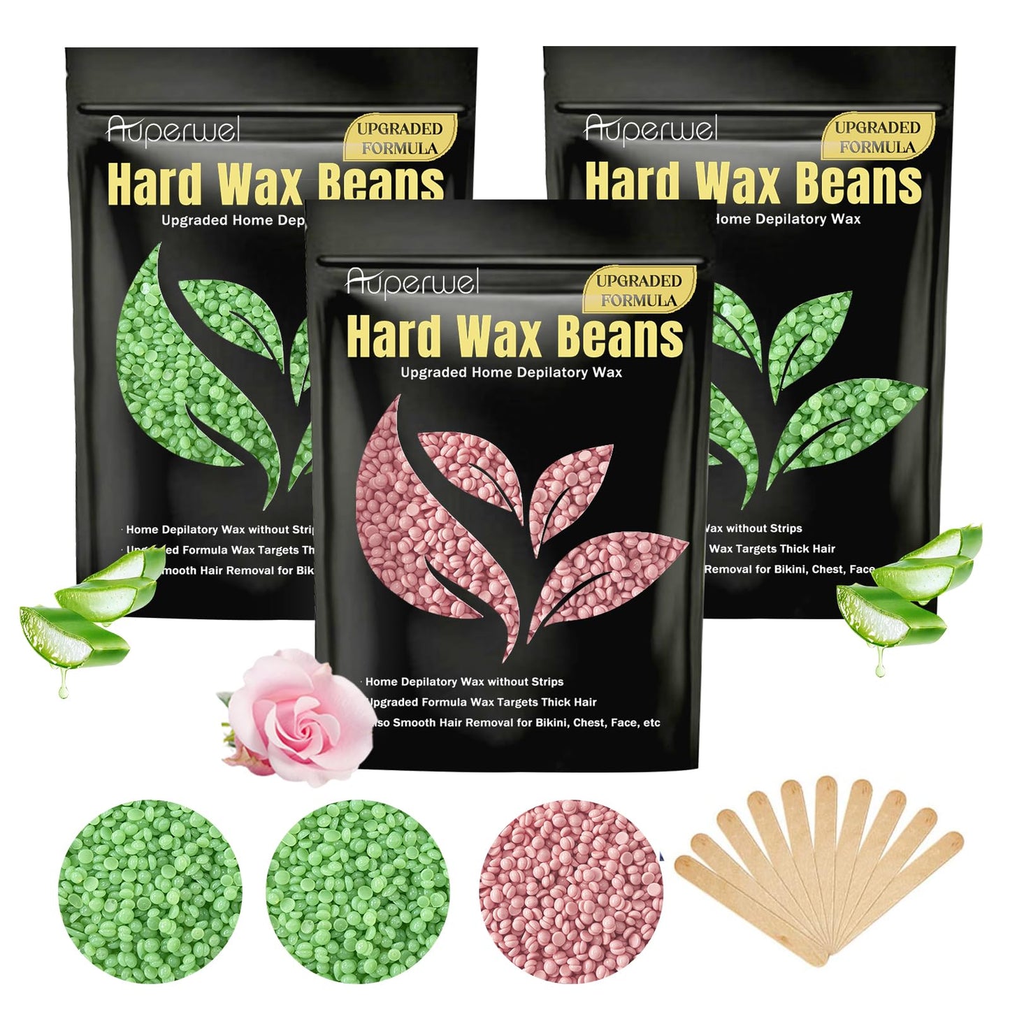 Auperwel Wax Beads Coarse Hair Formula, 10.5oz/300g Painless Hard Wax Beads for Hair Removal and Senstive Skin, Waxing Beads for Face, Eyebrow Brazilian Bikini Waxing with 10pcs Sticks(Aloe Rose)