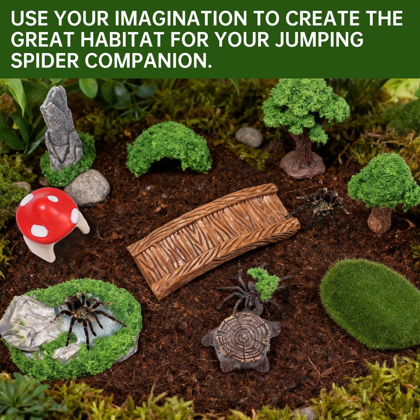 15 Pcs Jumping Spiders Hide Accessories, Jumping Spider Bridge Web Net, Mini Mountain Pond Trees Lawn Figurines Garden Mushroom Platform Decorations for Jumpings Spider Habitat Tank Enclosure Decor