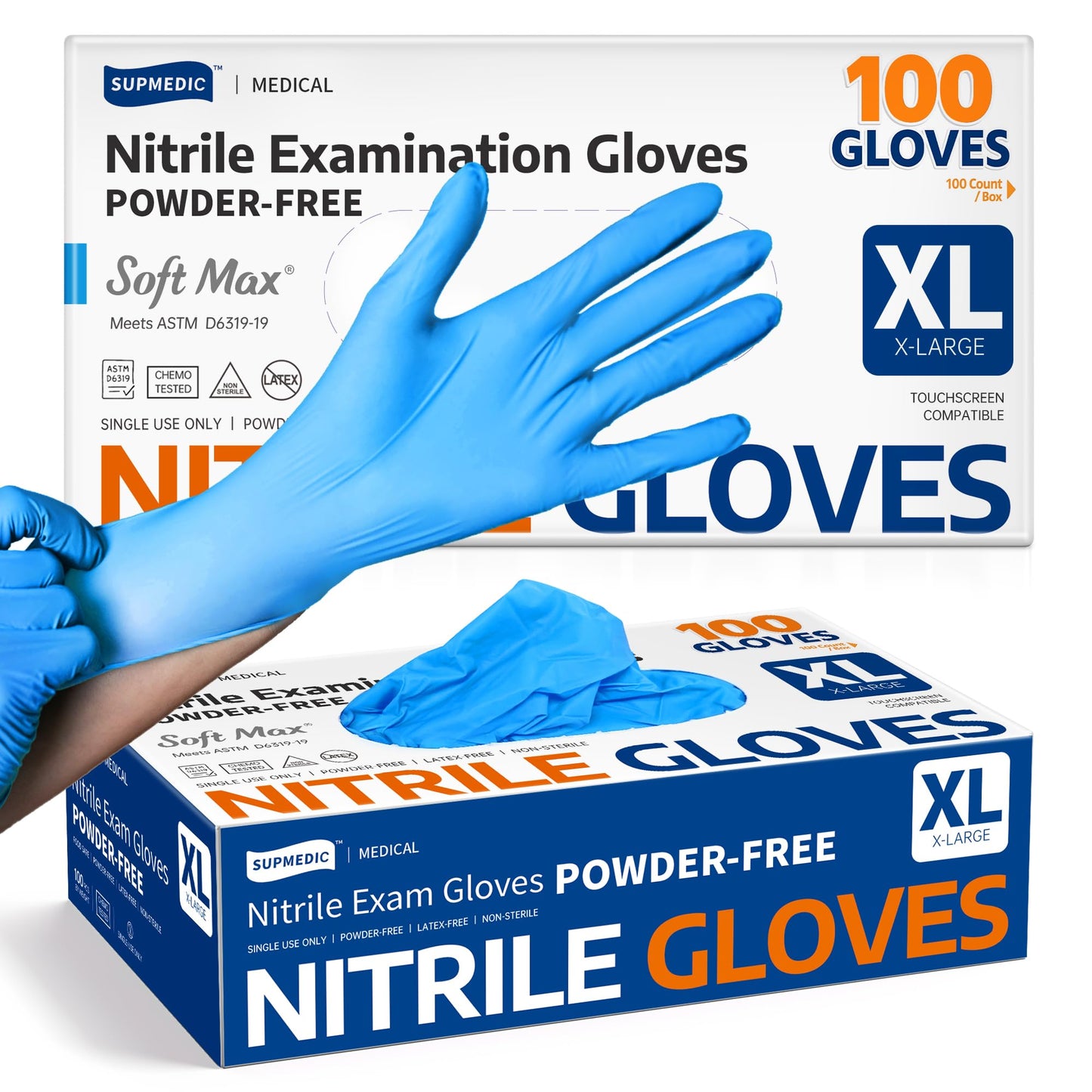 Supmedic Medical Nitrile Exam Gloves, Latex-Free, Powder-Free, Food Safe, Cooking Food Prep, Disposable Gloves, Blue, 100 Pcs (X-Large)