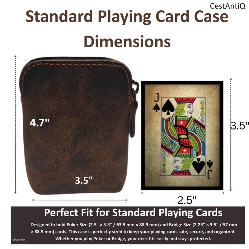 CestAntiQ Premium Full-Grain Leather Playing Card Case Zippered Card Deck Holder for Poker and Bridge Travel Accessory Secure Multi-Purpose Wallet Compatible for Pockemon Cards Holder Brown