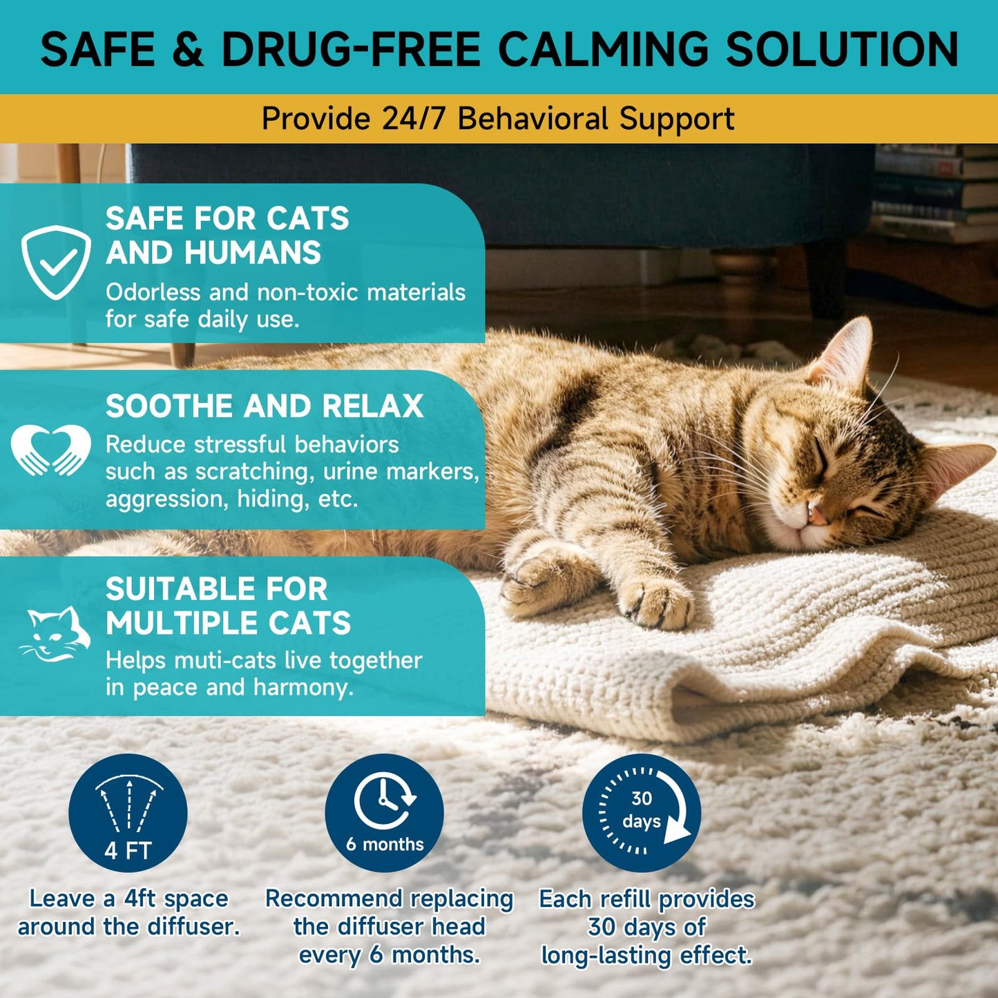 3-in-1 Cat Calming Diffuser, Cat Pheromones Calming Diffuser for Cat Anxiety Relief, Cat Pheromone Diffuser with 1 Diffuser + 2 Refills 48ml Vial, 60 Days Pheromone Diffuser to Calm Cats & Multi-cat