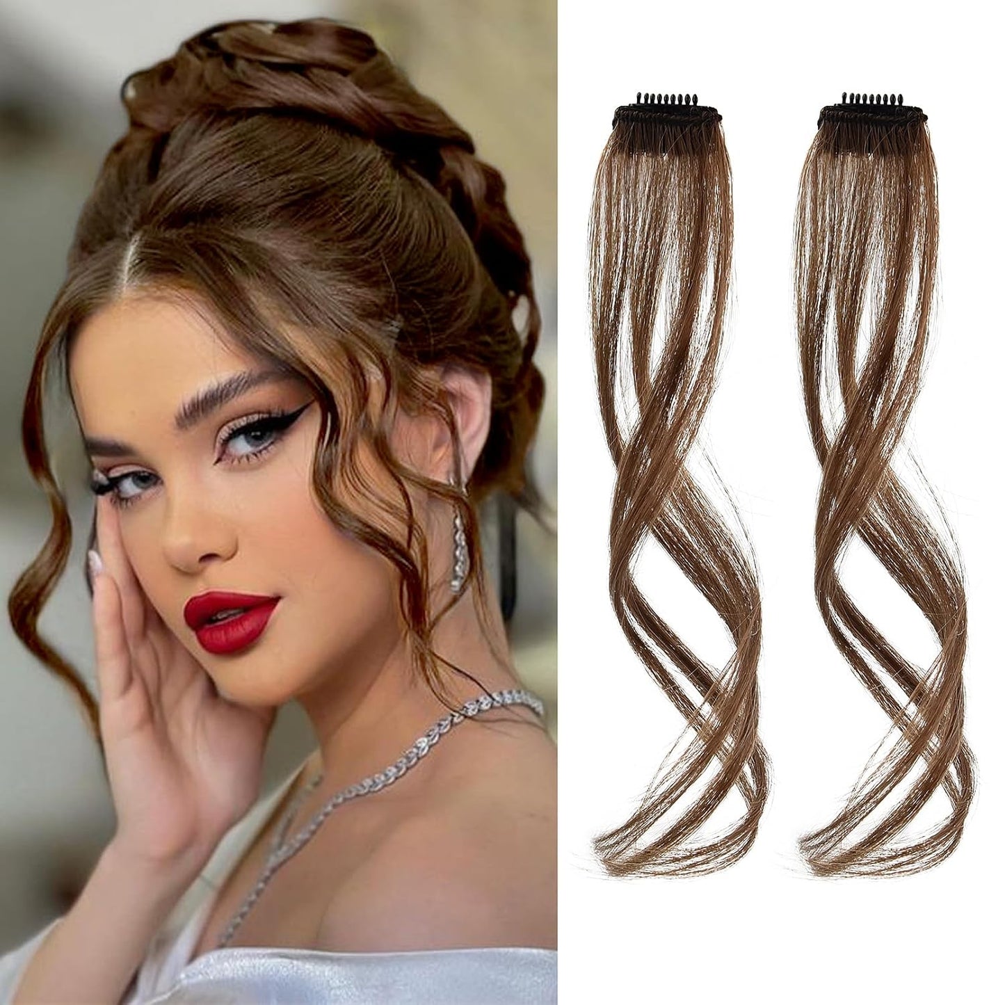 Long Side Air Bangs - Wavy Curly Clip-In Curtain Bangs for Women | 12 Inch Face-Framing Highlights in Grey/Brown/Silver/White