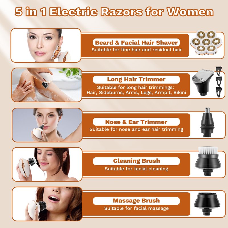 Electric Razors for Women, 7D Electric Shaver for Women, 5 in 1 Lady Shavers, Wet/Dry Bikini Trimmer, Rechargeable Facial Hair Removal, Painless Face Razor for Arms Legs Armpit Pubic Area