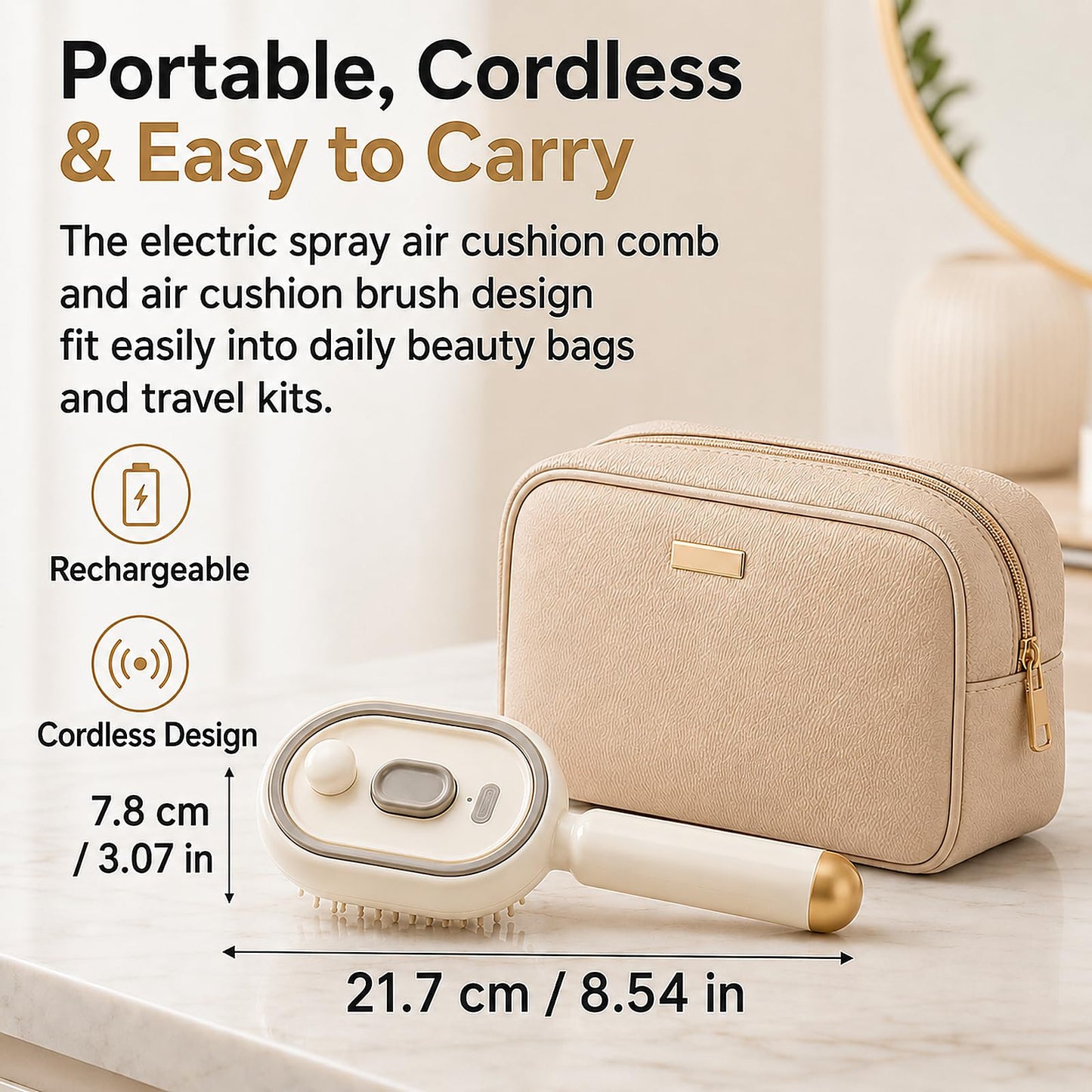Electric Spray Air Cushion Massage Comb, Rechargeable Mist Hair Brush with Self-Cleaning Design, Detangling Brush for Frizzy Hair, Flyaways & Scalp Comfort(Beige)