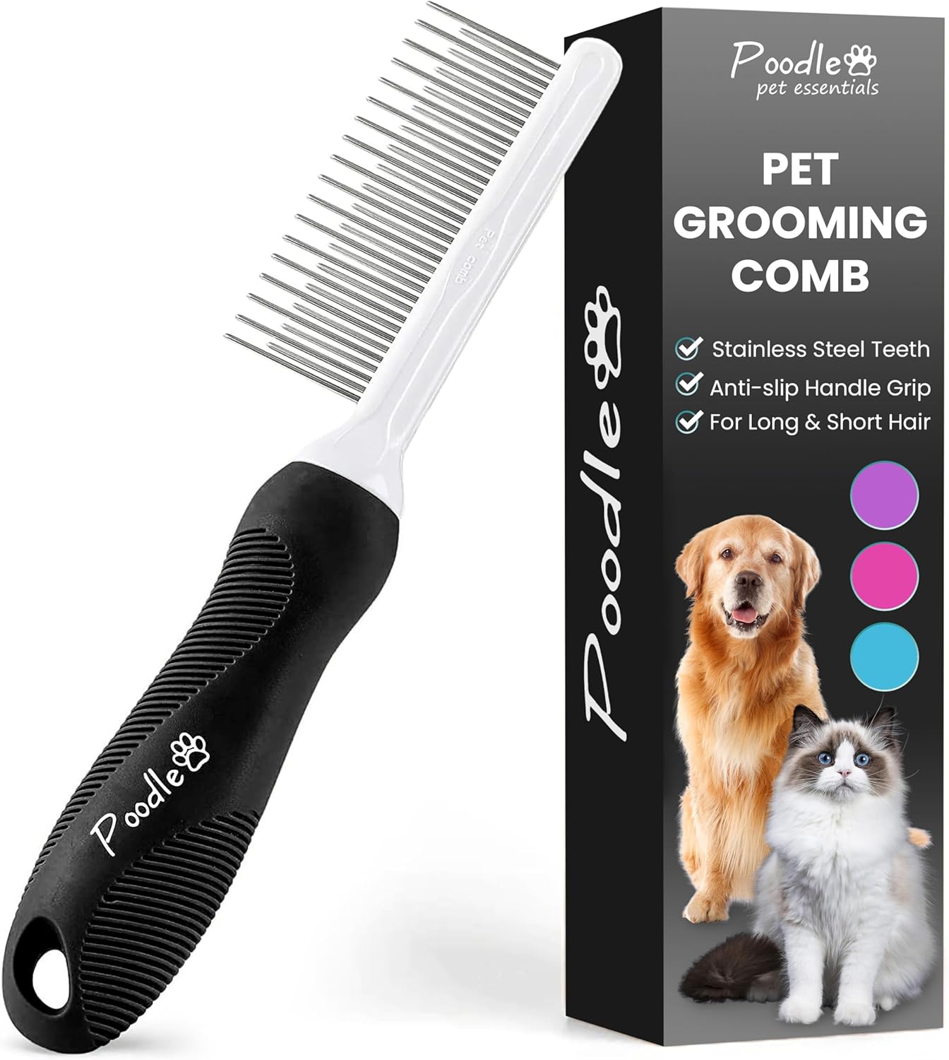 Poodle Dematting Fur Rake Comb - 2.5" Steel Blades for Dogs & Cats | Detangle Matted Undercoat Hair