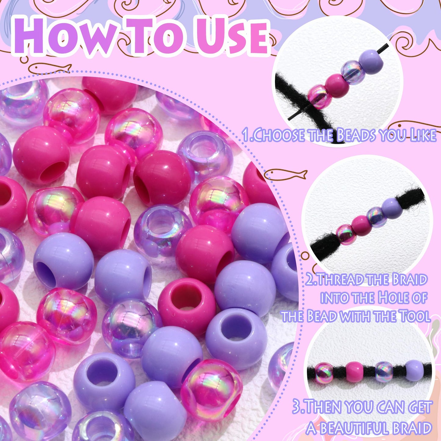 NAISKA 60PCS Purple Hair Beads Round Braids Bead Mermaid Beads for Hair Loc Jewelry Rose Red Hair Bead Dredlock Decor Braids Accessories