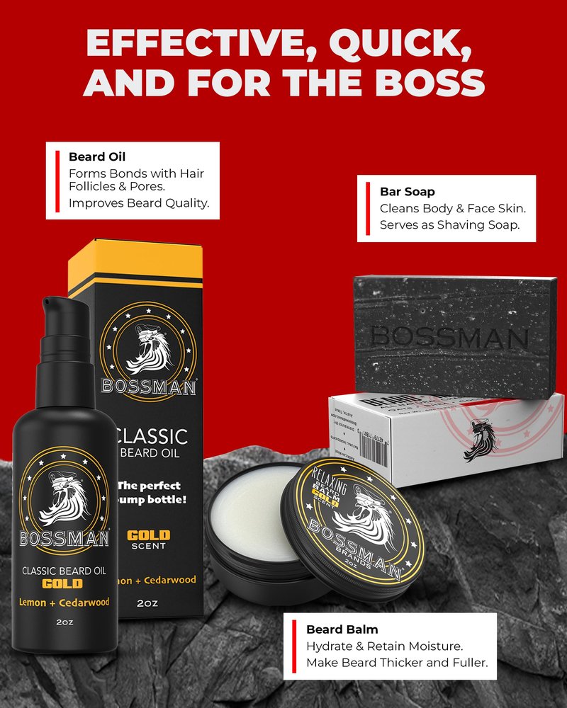 Bossman Starter Beard Kit for Men – Beard Oil (2 oz), Beard Balm & Bar Soap – Natural & Organic Grooming Kit – Made in the USA Men Gift Set (Gold Scent)
