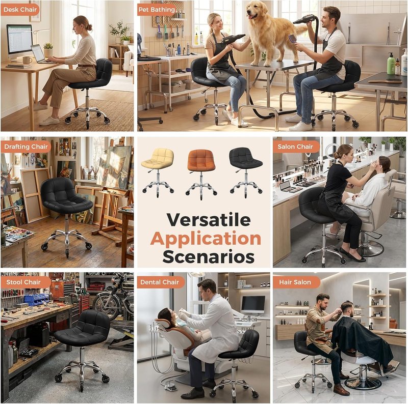 Height Adjustable Rolling Stool Chair - Comfortable PU Leather Cushion | Ideal for Home Office, Salon, Garage, Black