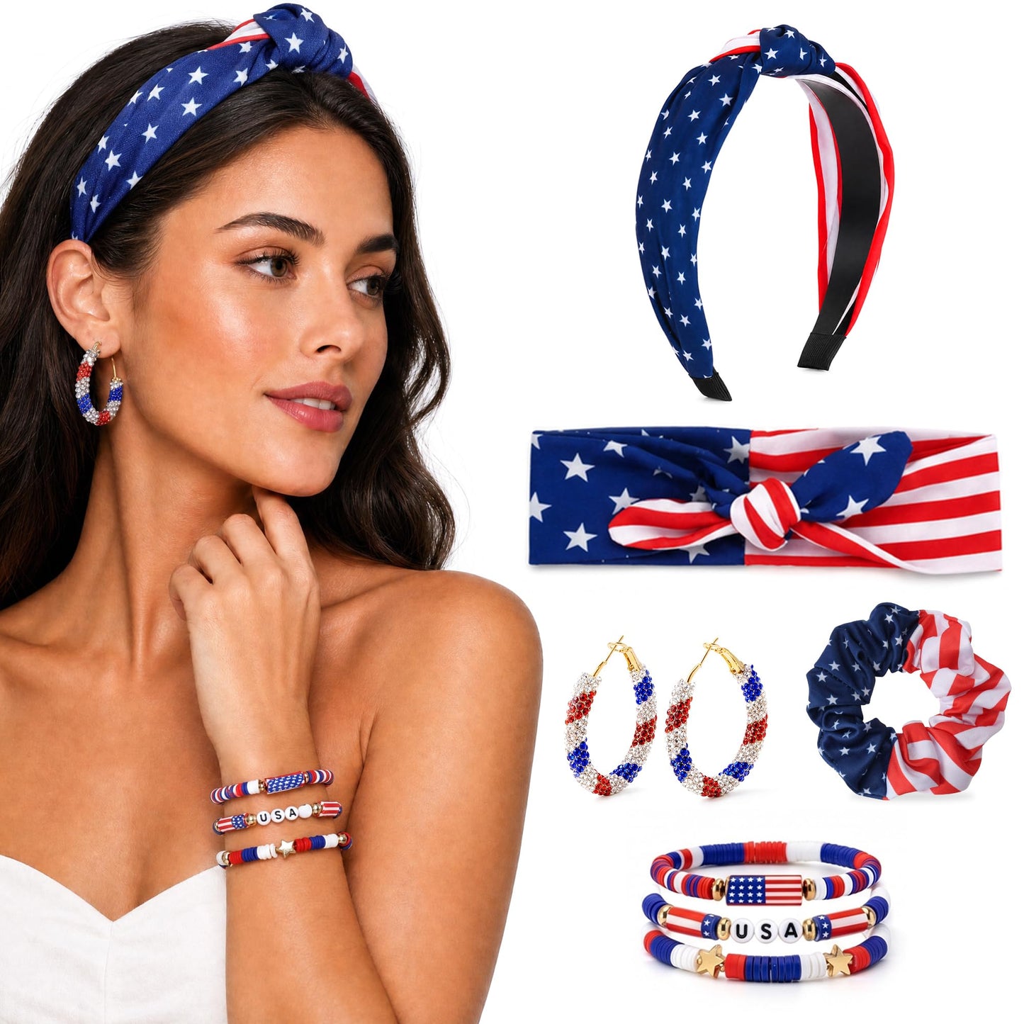 VOCOSTE 4th of July Hair Accessories for Women, Patriotic Red White Blue American Flag Bandana Headband Hair Tie Earrings Bracelet Set for Memorial Day Soccer Match Day