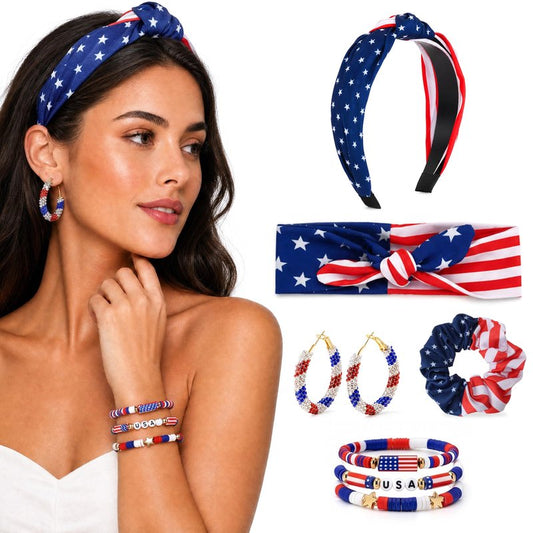 VOCOSTE 4th of July Hair Accessories for Women, Patriotic Red White Blue American Flag Bandana Headband Hair Tie Earrings Bracelet Set for Memorial Day Soccer Match Day
