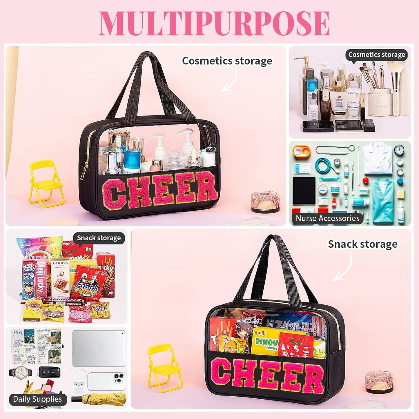 JOJOPOLLO Chenille Pink Letter Cheer Bag Cheerleader Gifts for Team Women Girls Cheer Stuff Accessories Makeup Bag with Handle and Zipper, Cheer Gifts