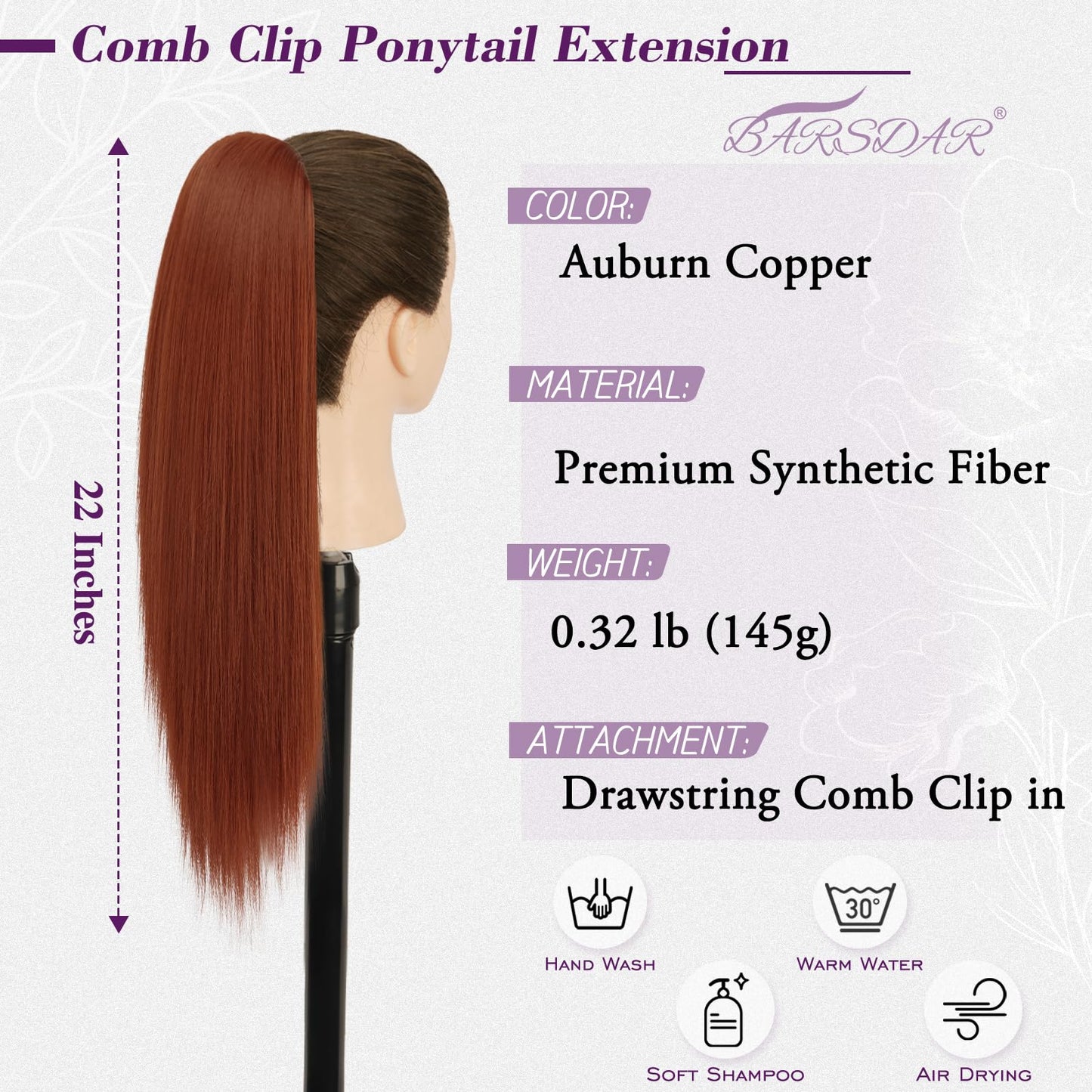 BARSDAR Auburn Straight Drawstring Ponytail Extension - 22 Inch Long Straight Drawstring Copper Ponytail Extension Thick Natural Looking Soft Synthetic Cheer Posh Pony Tails Hairpieces Daily Party